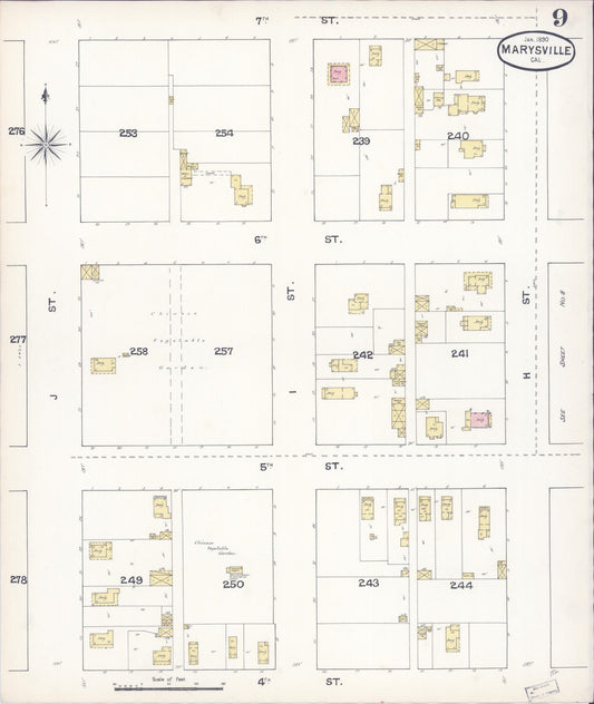 Sanborn Fire Insurance Map from Marysville, Yuba County, California (1890), Sheet #0009 - Historic Sanborn Fire Insurance Map Print, vintage old map wall art, antique decor, genealogy gift, California California map