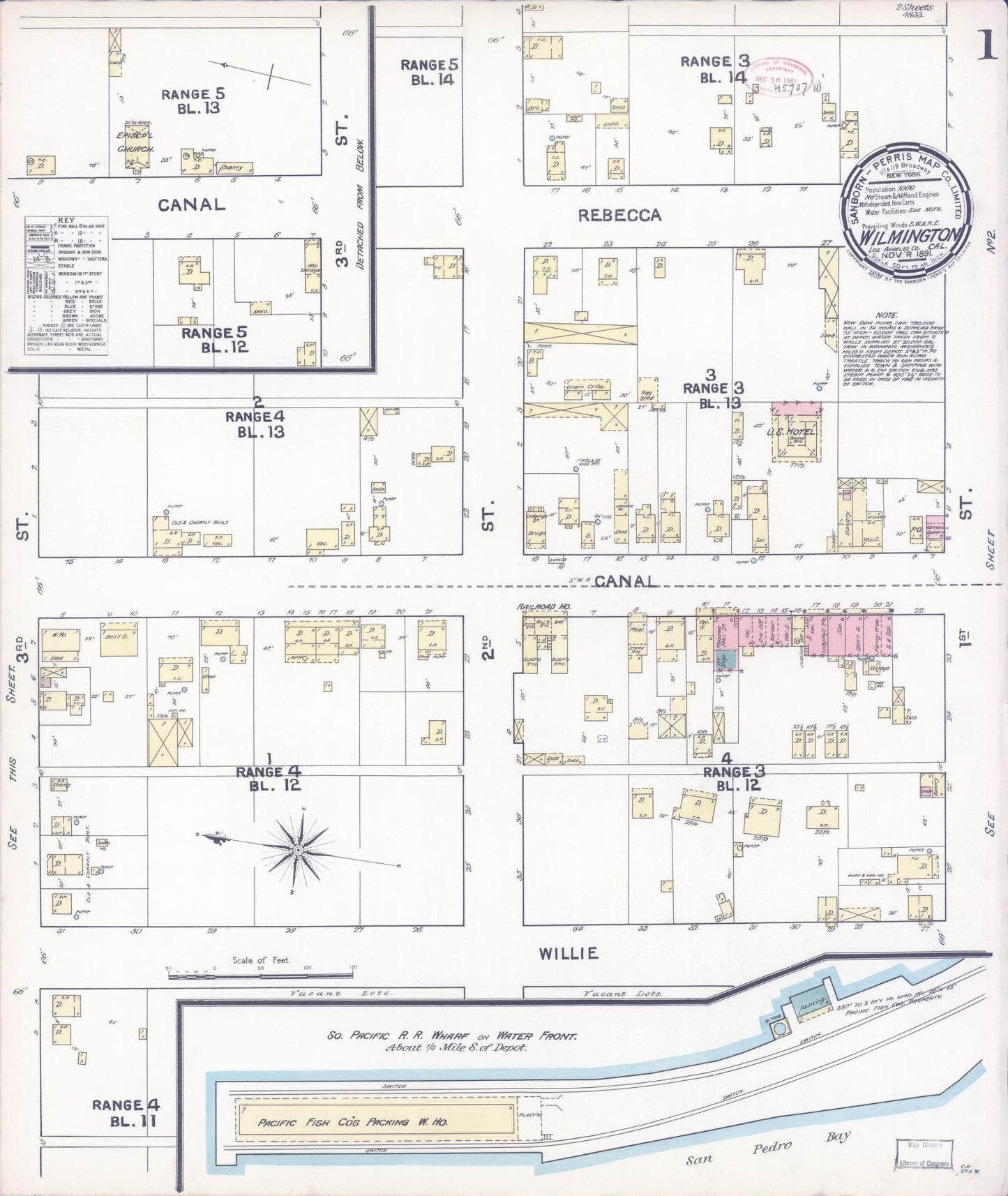 Sanborn Fire Insurance Map from Wilmington, Los Angeles County, California (1891), Sheet #0001 - Complete Map Set gallery image, historic Sanborn map, vintage wall art, California California