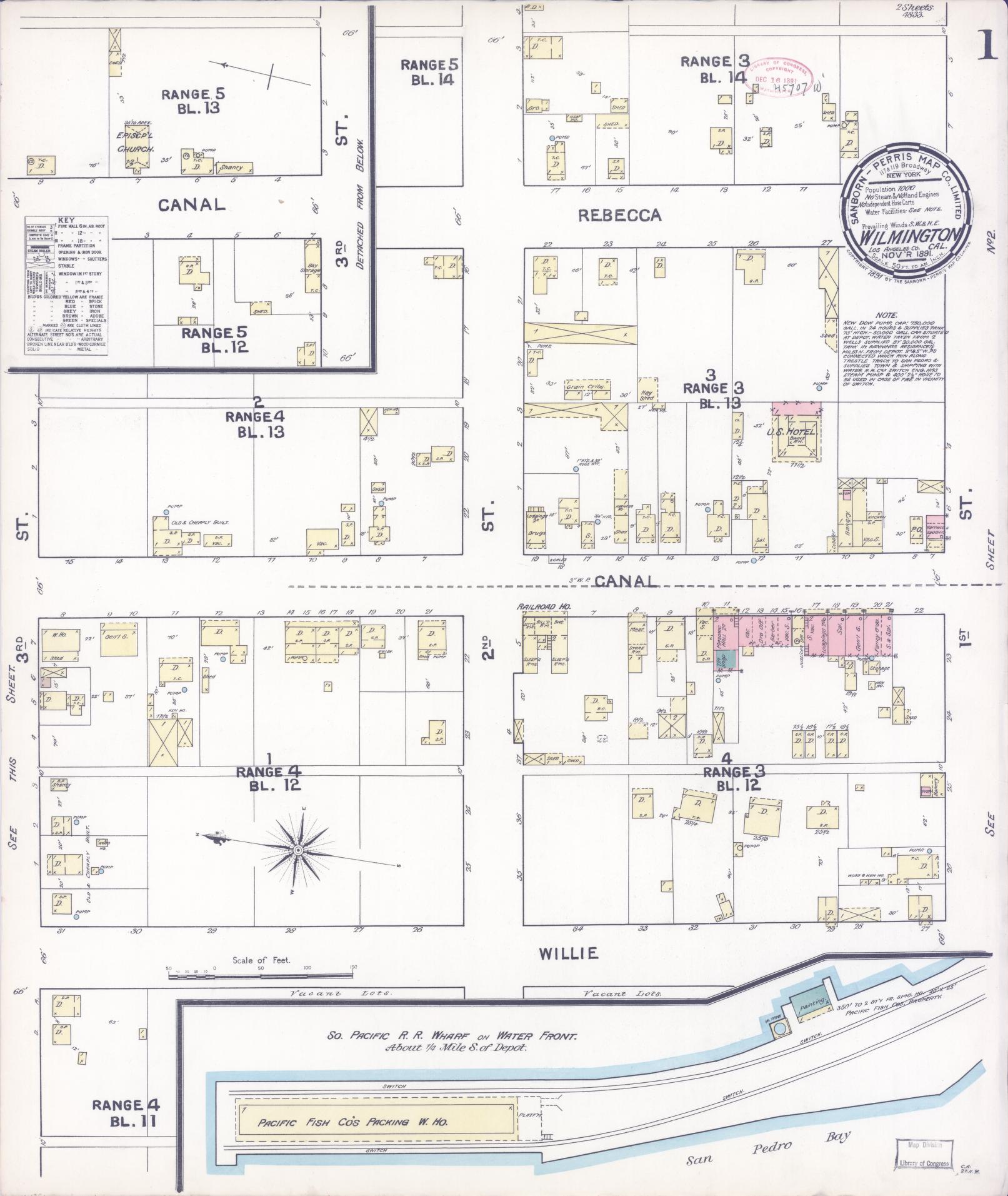 Sanborn Fire Insurance Map from Wilmington, Los Angeles County, California (1891), Sheet #0001 - Complete Map Set gallery image, historic Sanborn map, vintage wall art, California California
