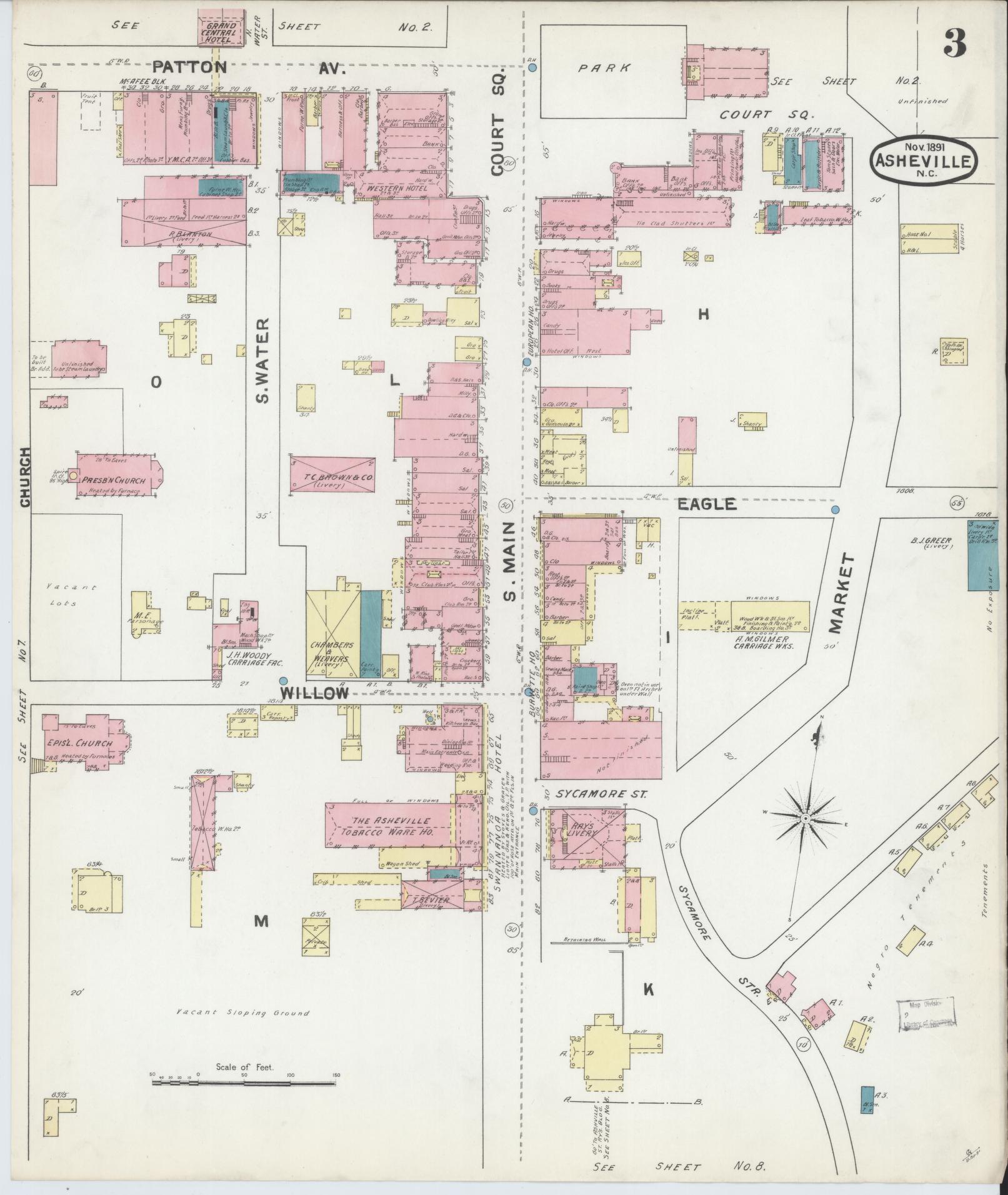 Sanborn Fire Insurance Map from Asheville, Buncombe County, North Carolina (1891), Sheet #0003 - Historic Sanborn Fire Insurance Map Print, vintage old map wall art, antique decor, genealogy gift, North Carolina North Carolina map