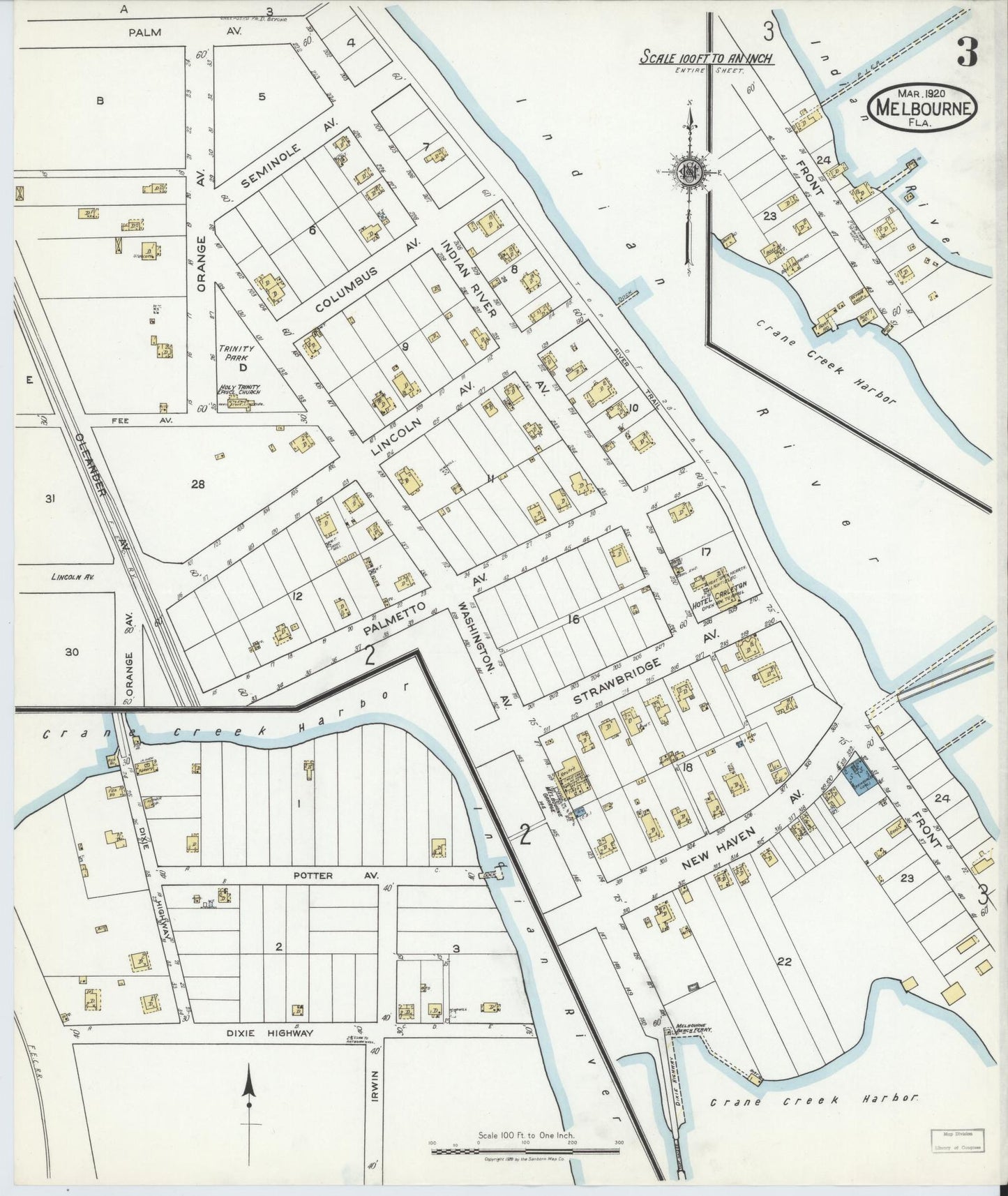 Sanborn Fire Insurance Map from Melbourne, Brevard County, Florida (1920), Sheet #0003 - Complete Map Set gallery image, historic Sanborn map, vintage wall art, Florida Florida