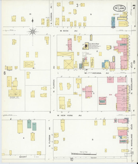 Sanborn Fire Insurance Map from De Land, Volusia County, Florida (1909), Sheet #0007 - Historic Sanborn Fire Insurance Map Print, vintage old map wall art, antique decor, genealogy gift, Florida Florida map