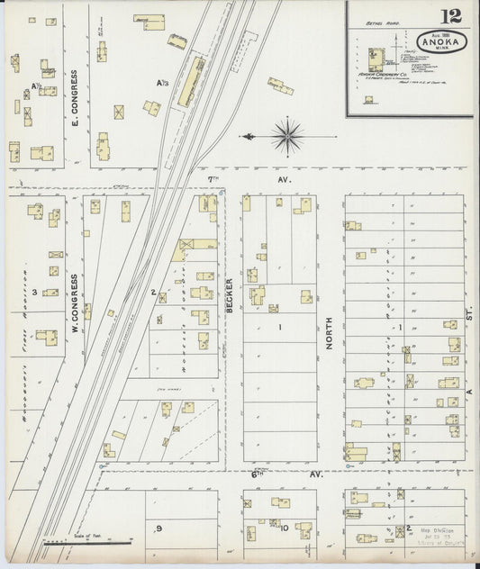 Sanborn Fire Insurance Map from Anoka, Anoka County, Minnesota (1891), Sheet #0012 - Historic Sanborn Fire Insurance Map Print, vintage old map wall art, antique decor, genealogy gift, Minnesota Minnesota map