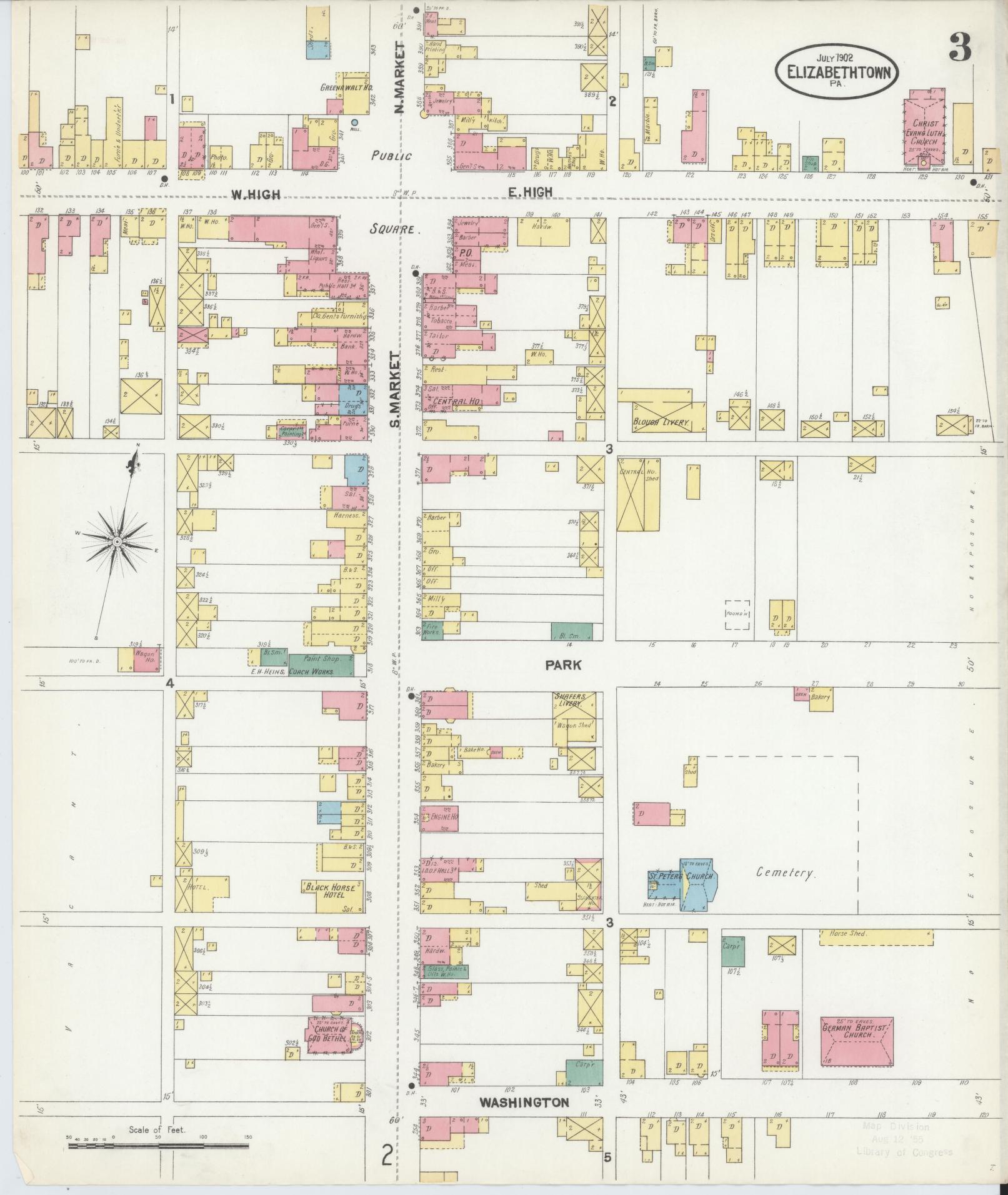 Sanborn Fire Insurance Map from Elizabethtown, Lancaster County, Pennsylvania (1902), Sheet #0003 - Historic Sanborn Fire Insurance Map Print, vintage old map wall art, antique decor, genealogy gift, Pennsylvania Pennsylvania map