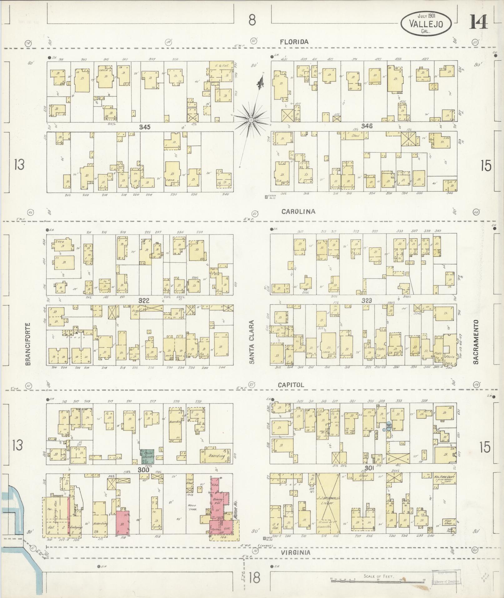 Sanborn Fire Insurance Map from Vallejo, Solano County, California (1901), Sheet #0014 - Complete Map Set gallery image, historic Sanborn map, vintage wall art, California California