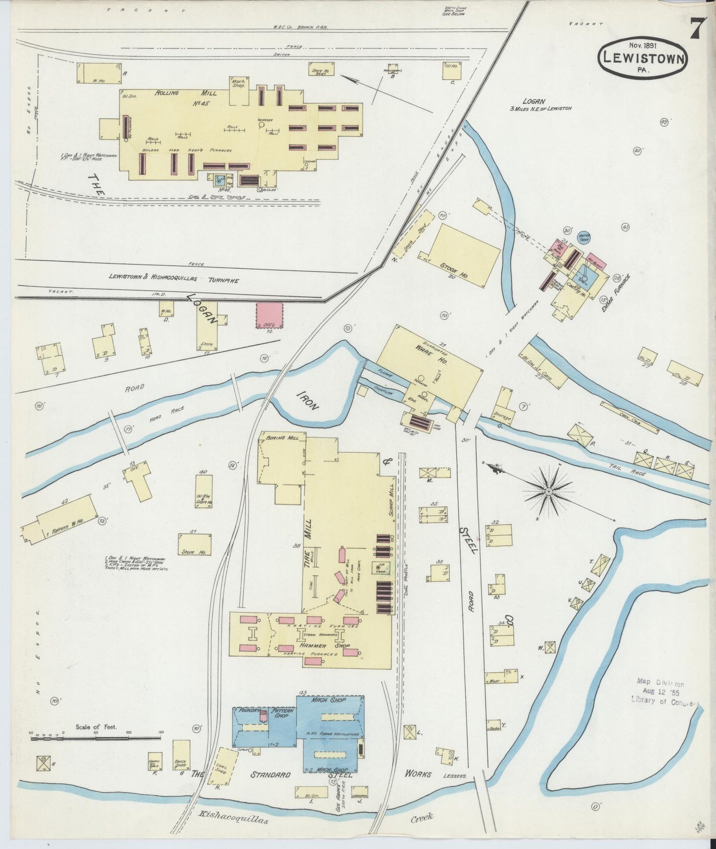 Sanborn Fire Insurance Map from Lewistown, Mifflin County, Pennsylvania (1891), Sheet #0007 - Historic Sanborn Fire Insurance Map Print, vintage old map wall art, antique decor, genealogy gift, Pennsylvania Pennsylvania map
