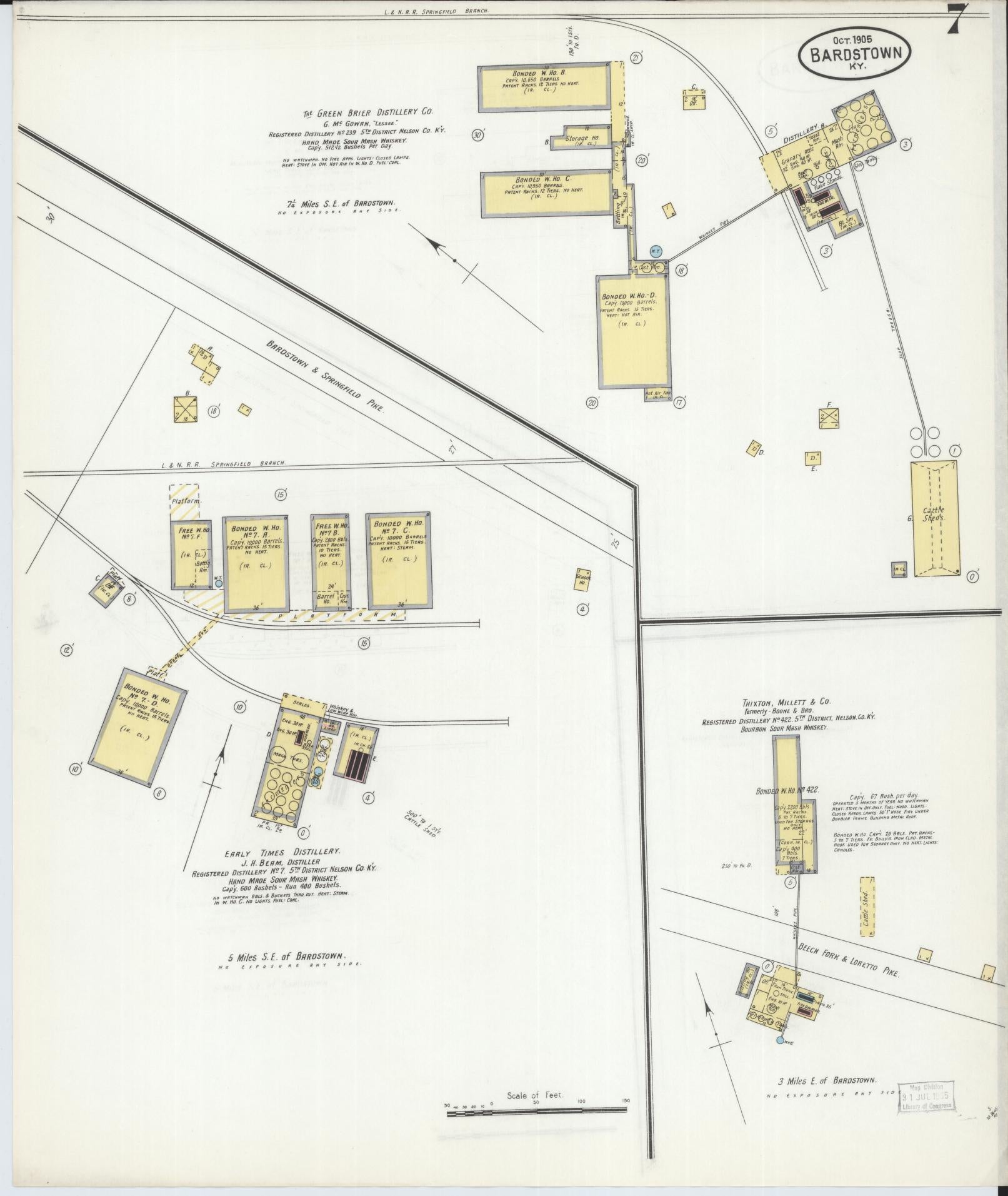 Sanborn Fire Insurance Map from Bardstown, Nelson County, Kentucky (1905), Sheet #0007 - Complete Map Set gallery image, historic Sanborn map, vintage wall art, Kentucky Kentucky