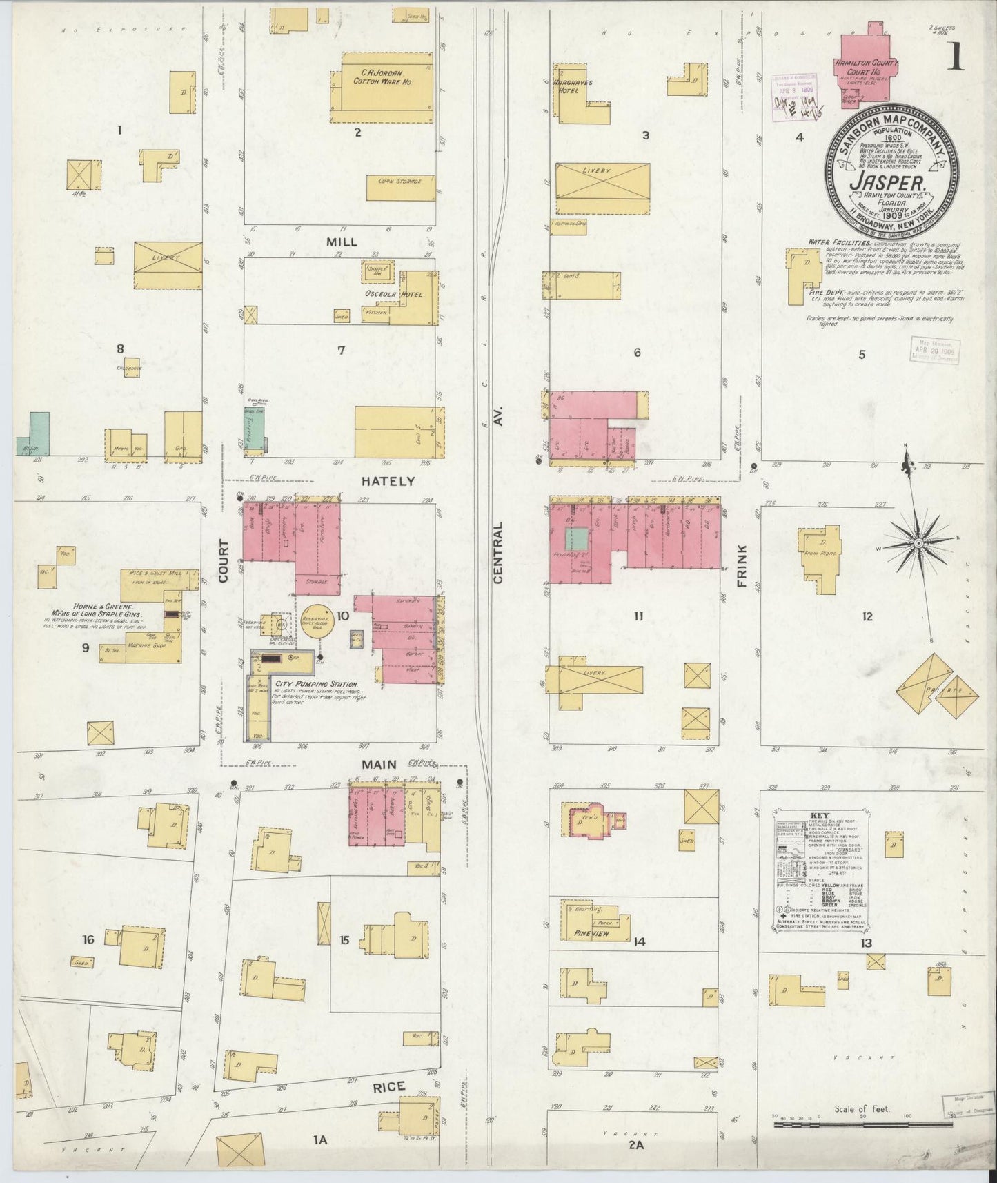 Sanborn Fire Insurance Map from Jasper, Hamilton County, Florida (1909), Sheet #0001 - Historic Sanborn Fire Insurance Map Print, vintage old map wall art, antique decor, genealogy gift, Florida Florida map