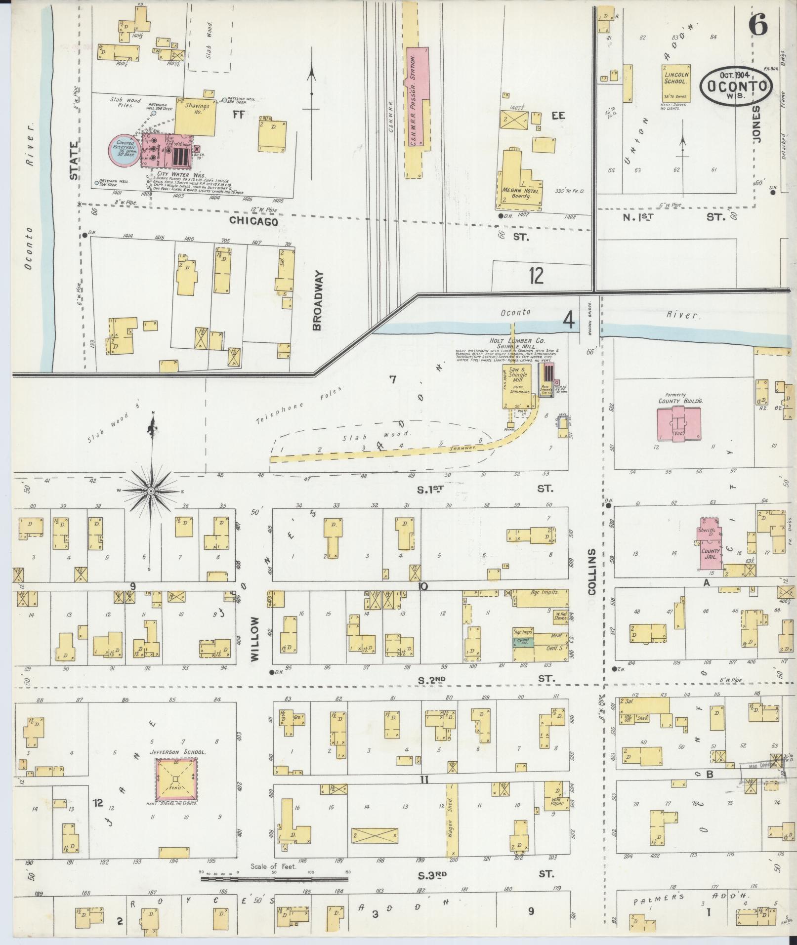 Sanborn Fire Insurance Map from Oconto, Oconto County, Wisconsin (1904), Sheet #0006 - Historic Sanborn Fire Insurance Map Print, vintage old map wall art, antique decor, genealogy gift, Wisconsin Wisconsin map