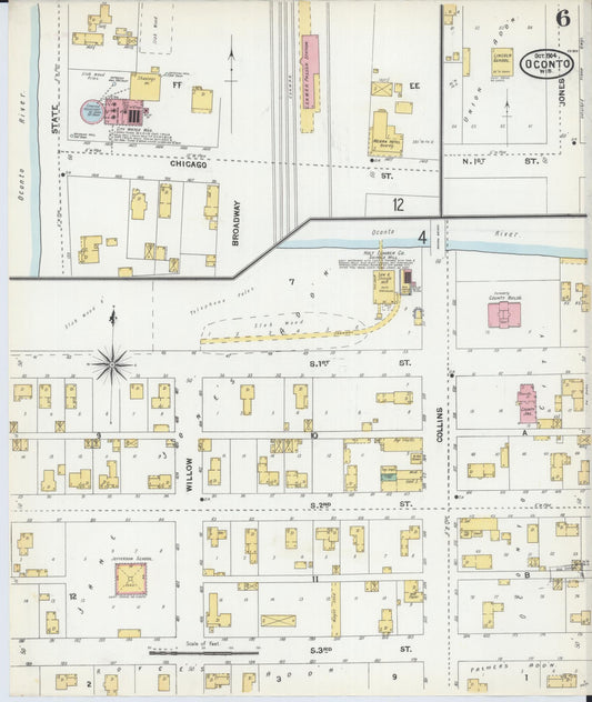 Sanborn Fire Insurance Map from Oconto, Oconto County, Wisconsin (1904), Sheet #0006 - Historic Sanborn Fire Insurance Map Print, vintage old map wall art, antique decor, genealogy gift, Wisconsin Wisconsin map