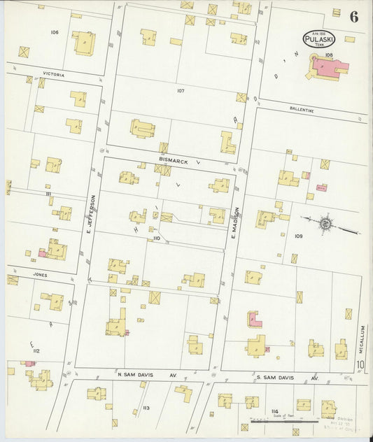 Sanborn Fire Insurance Map from Pulaski, Giles County, Tennessee (1916), Sheet #0006 - Historic Sanborn Fire Insurance Map Print, vintage old map wall art, antique decor, genealogy gift, Tennessee Tennessee map