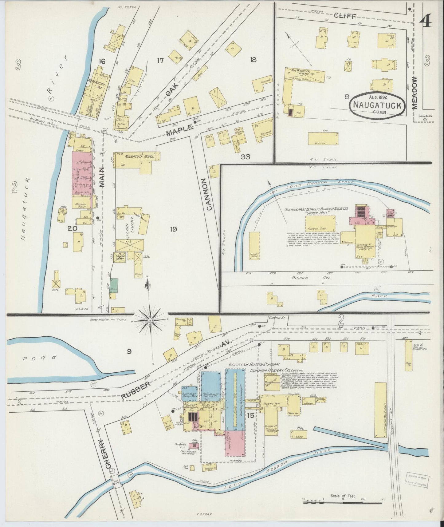Sanborn Fire Insurance Map from Naugatuck, New Haven County, Connecticut (1892), Sheet #0004 - Complete Map Set gallery image, historic Sanborn map, vintage wall art, Connecticut Connecticut