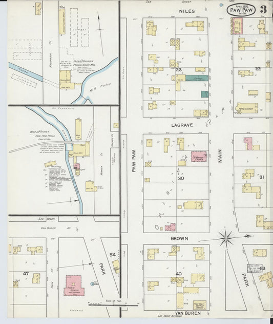 Sanborn Fire Insurance Map from Paw Paw, Van Buren County, Michigan (1892), Sheet #0003 - Historic Sanborn Fire Insurance Map Print, vintage old map wall art, antique decor, genealogy gift, Michigan Michigan map