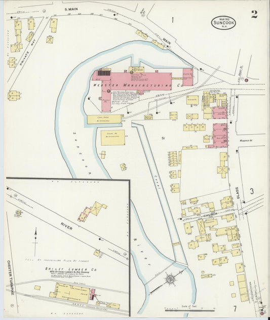 Sanborn Fire Insurance Map from Suncook, Merrimack County, New Hampshire (1912), Sheet #0002 - Historic Sanborn Fire Insurance Map Print, vintage old map wall art, antique decor, genealogy gift, New Hampshire New Hampshire map