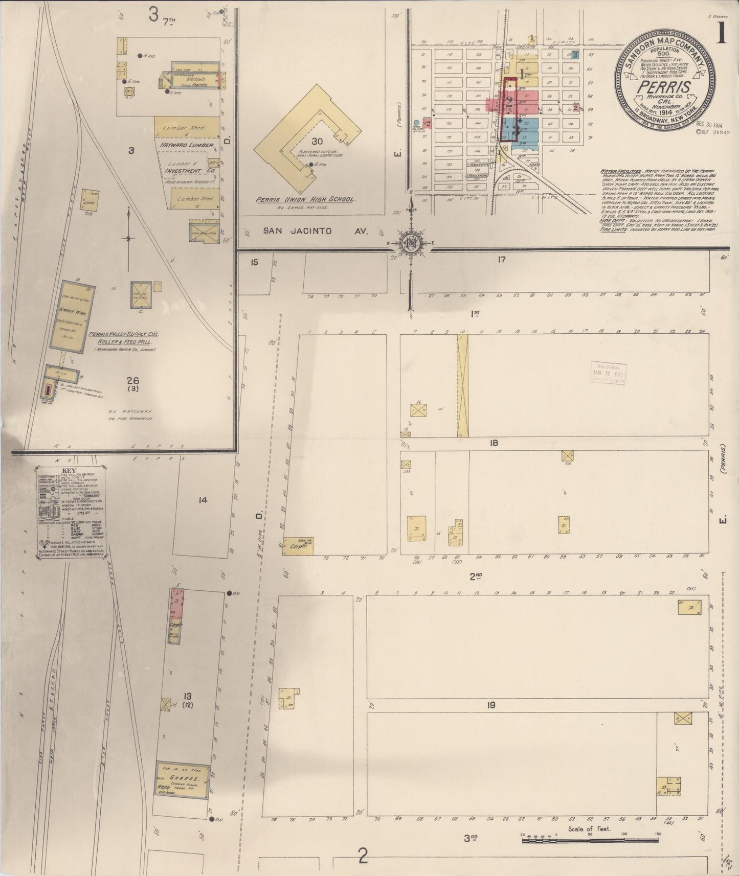 Sanborn Fire Insurance Map from Perris, Riverside County, California (1914), Sheet #0001 - Complete Map Set gallery image, historic Sanborn map, vintage wall art, California California