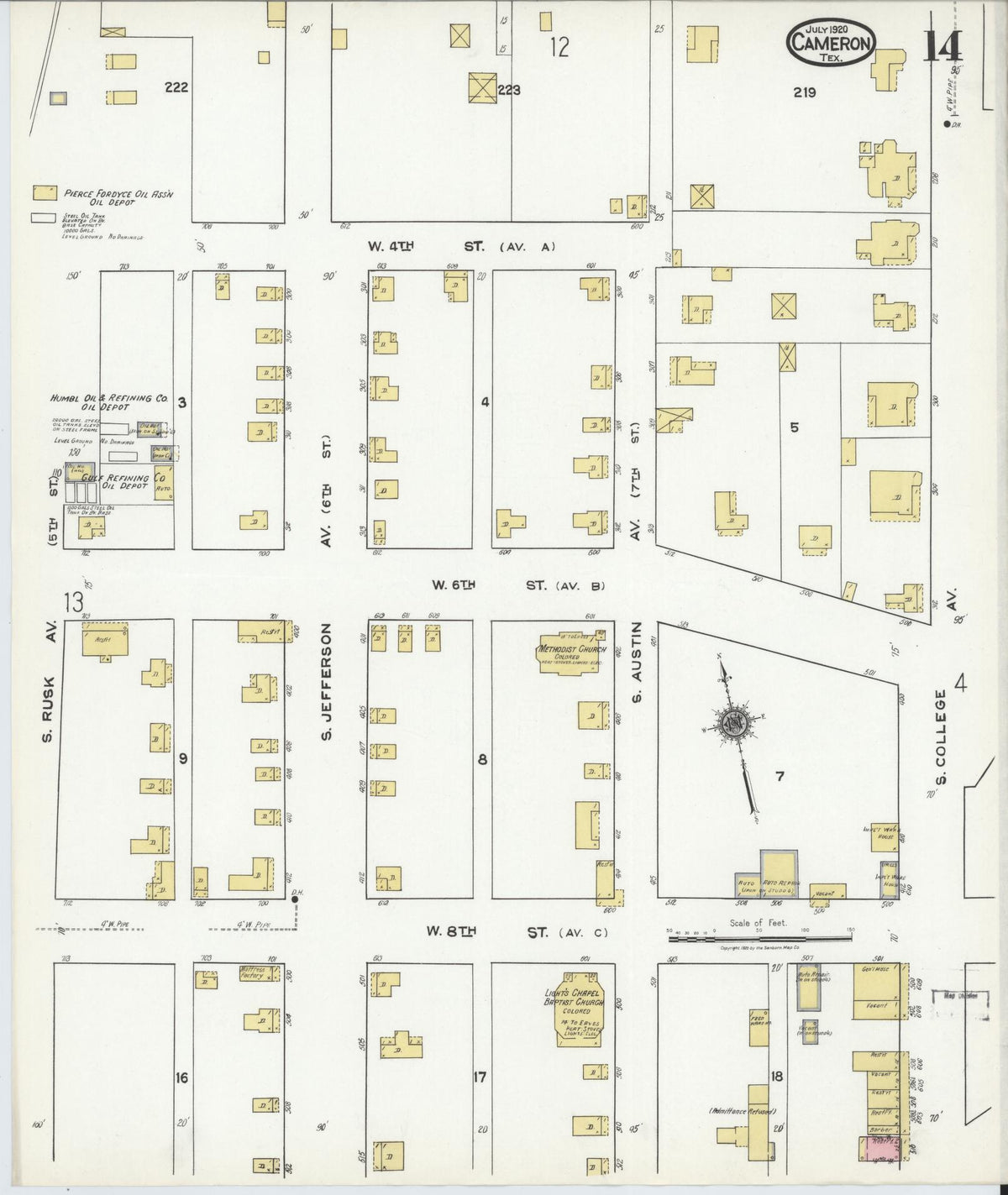 Sanborn Fire Insurance Map from Cameron, Milam County, Texas (1920), Sheet #0014 - Complete Map Set gallery image, historic Sanborn map, vintage wall art, Texas Texas