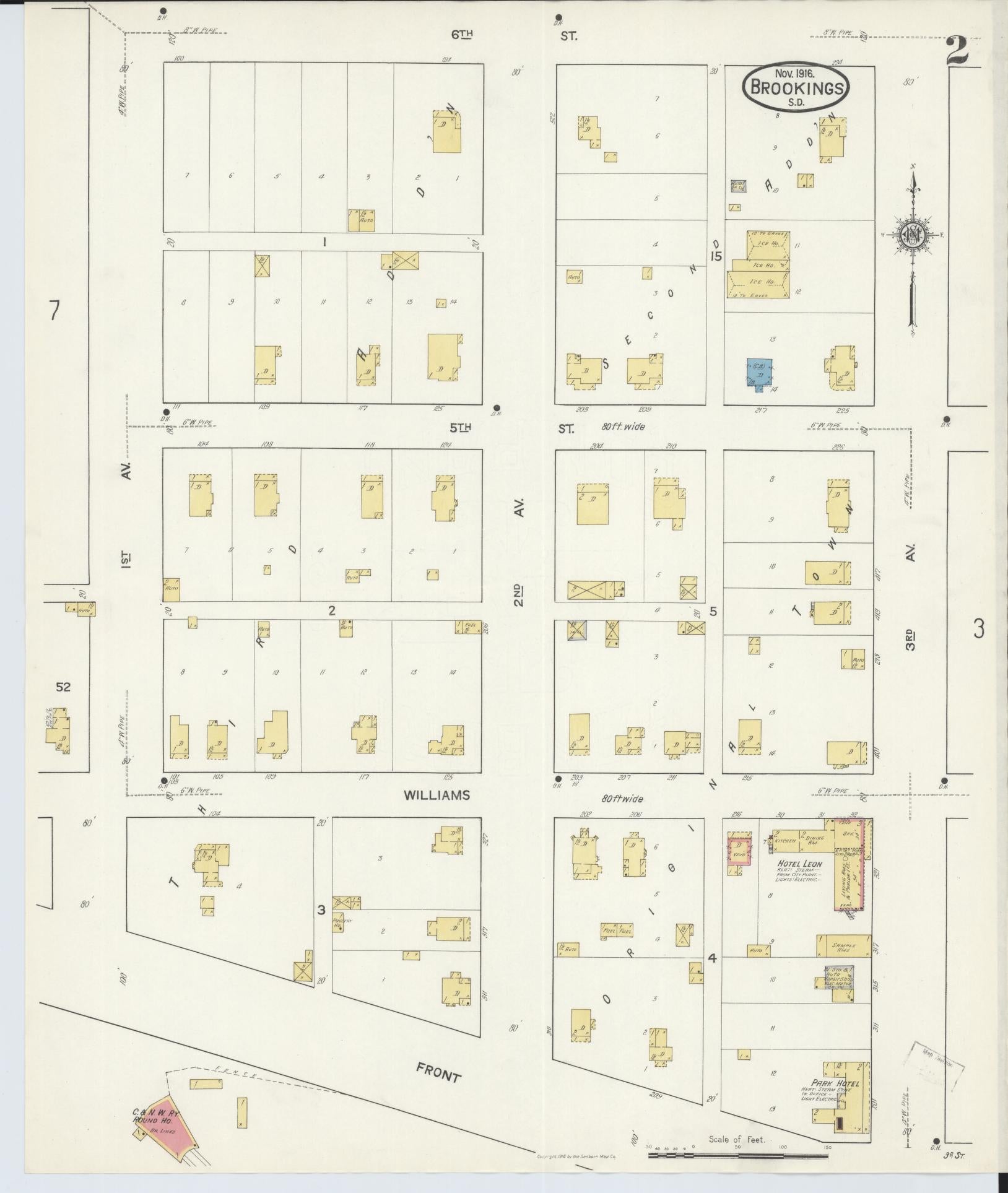 Sanborn Fire Insurance Map from Brookings, Brookings County, South Dakota (1916), Sheet #0002 - Complete Map Set gallery image, historic Sanborn map, vintage wall art, South Dakota South Dakota