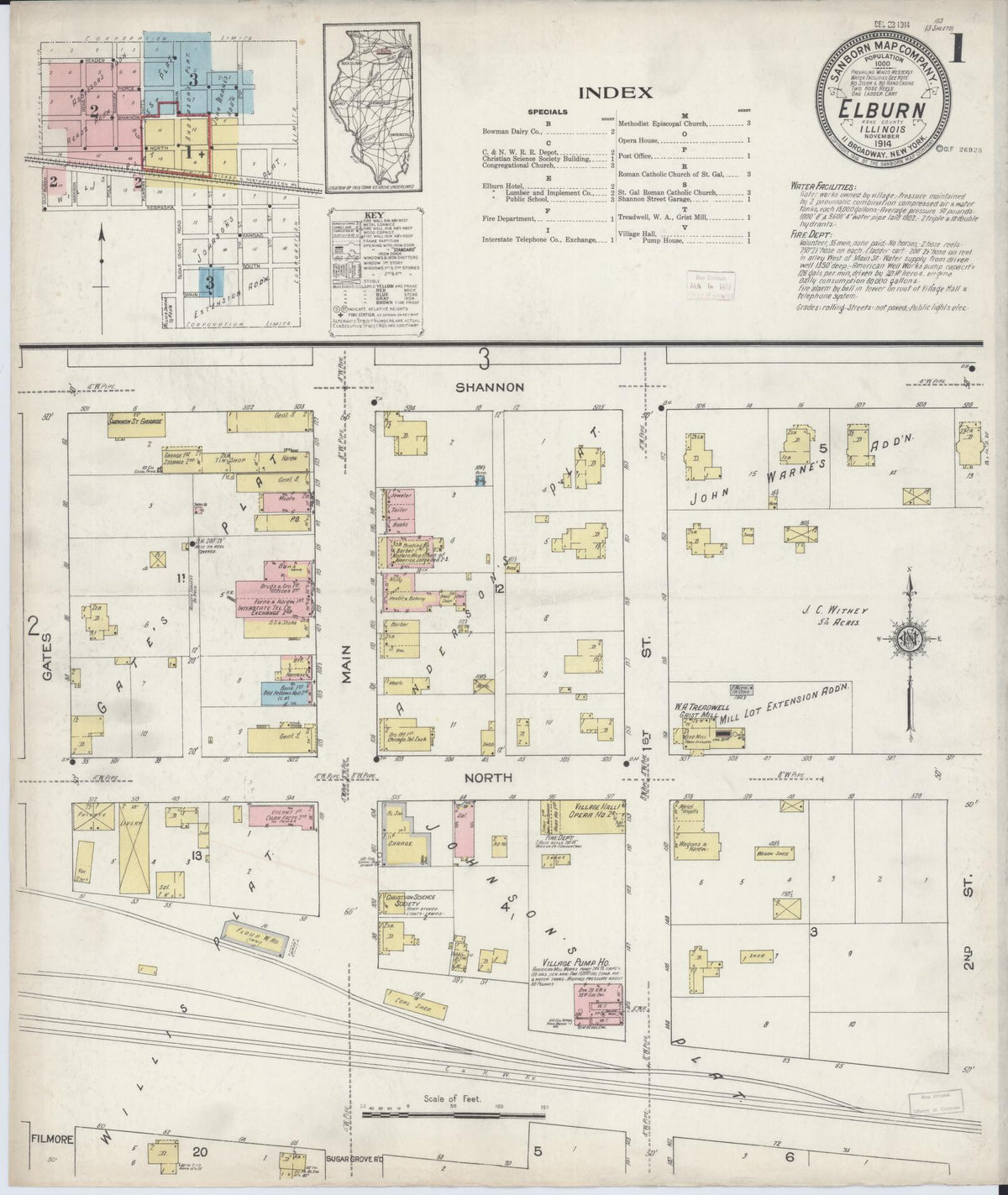 Sanborn Fire Insurance Map from Elburn, Kane County, Illinois (1914), Sheet #0001 - Historic Sanborn Fire Insurance Map Print, vintage old map wall art, antique decor, genealogy gift, Illinois Illinois map