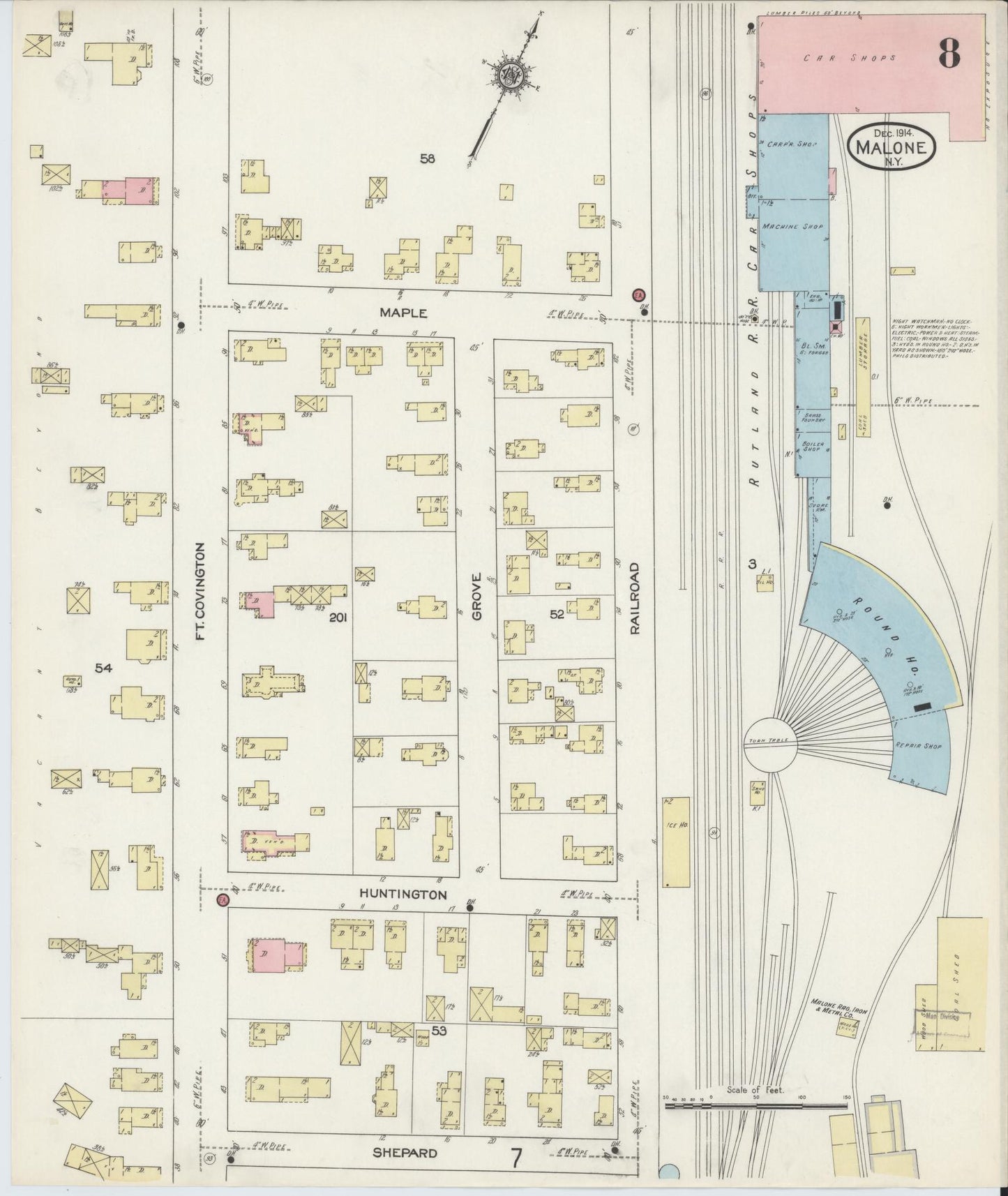 Sanborn Fire Insurance Map from Malone, Franklin County, New York (1914), Sheet #0008 - Historic Sanborn Fire Insurance Map Print, vintage old map wall art, antique decor, genealogy gift, New York New York map