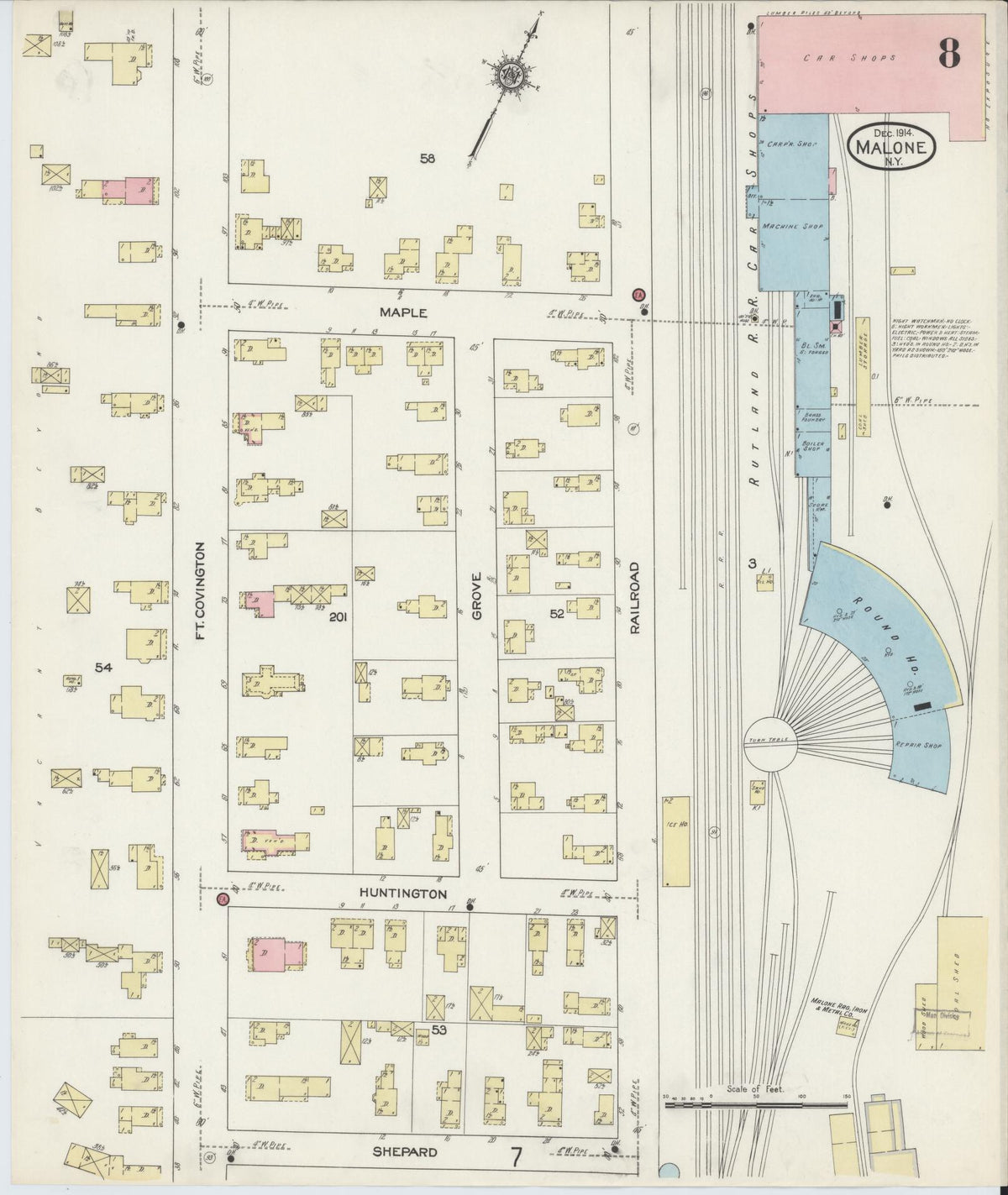 Sanborn Fire Insurance Map from Malone, Franklin County, New York (1914), Sheet #0008 - Historic Sanborn Fire Insurance Map Print, vintage old map wall art, antique decor, genealogy gift, New York New York map