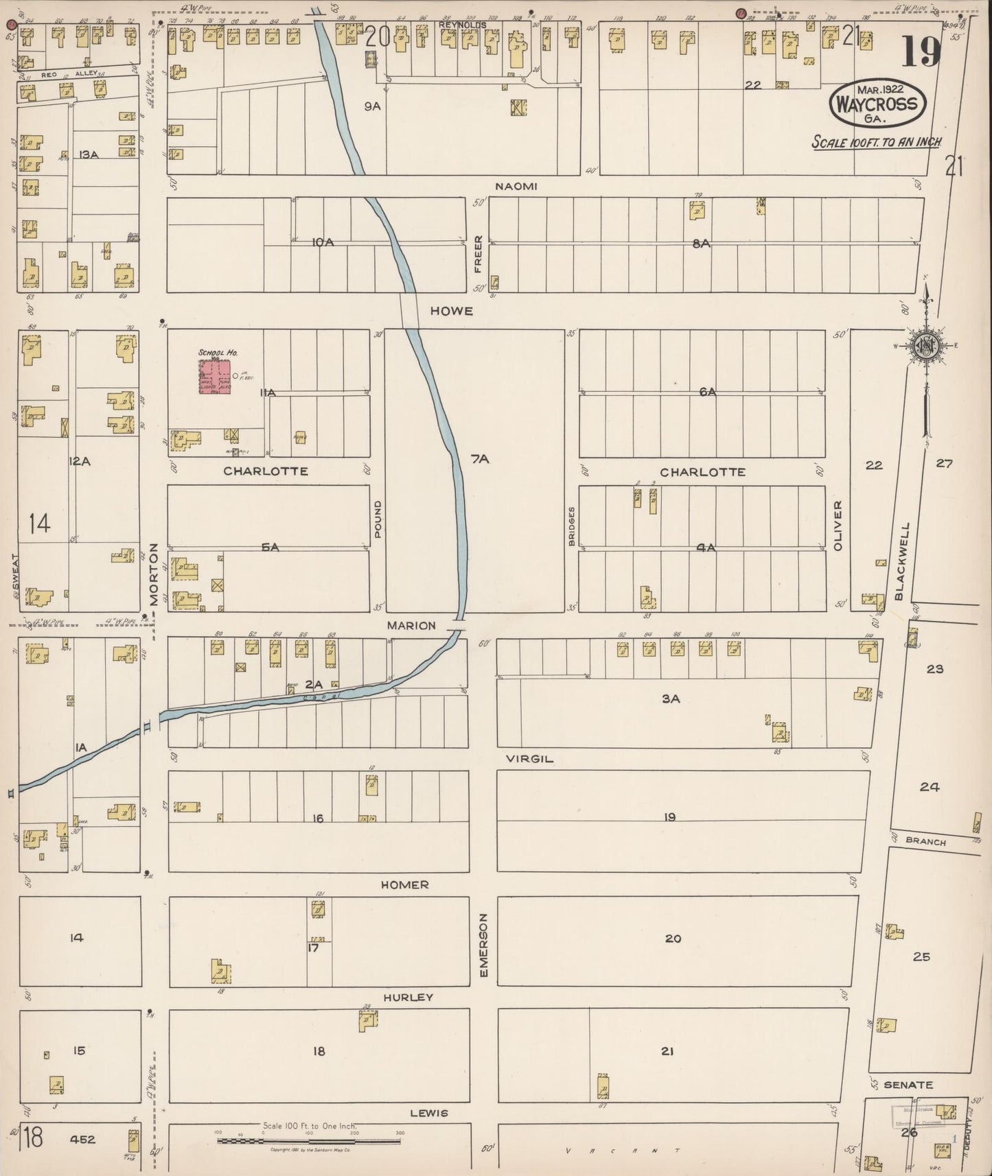 Sanborn Fire Insurance Map from Waycross, Ware County, Georgia (1922), Sheet #0019 - Complete Map Set gallery image, historic Sanborn map, vintage wall art, Georgia Georgia