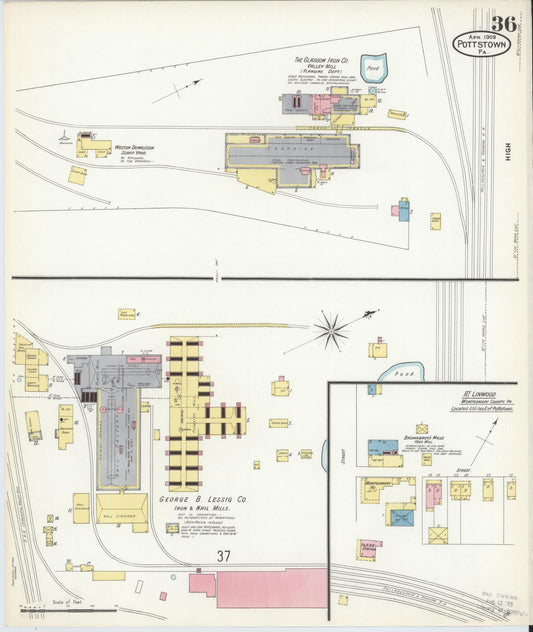 Sanborn Fire Insurance Map from Pottstown, Montgomery County, Pennsylvania (1909), Sheet #0036 - Historic Sanborn Fire Insurance Map Print, vintage old map wall art, antique decor, genealogy gift, Pennsylvania Pennsylvania map