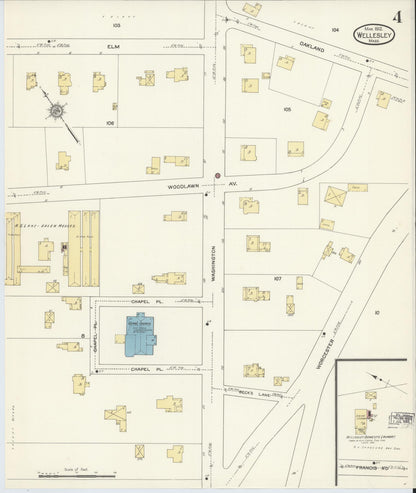 Sanborn Fire Insurance Map from Wellesley, Norfolk County, Massachusetts (1912), Sheet #0004 - Historic Sanborn Fire Insurance Map Print, vintage old map wall art, antique decor, genealogy gift, Massachusetts Massachusetts map