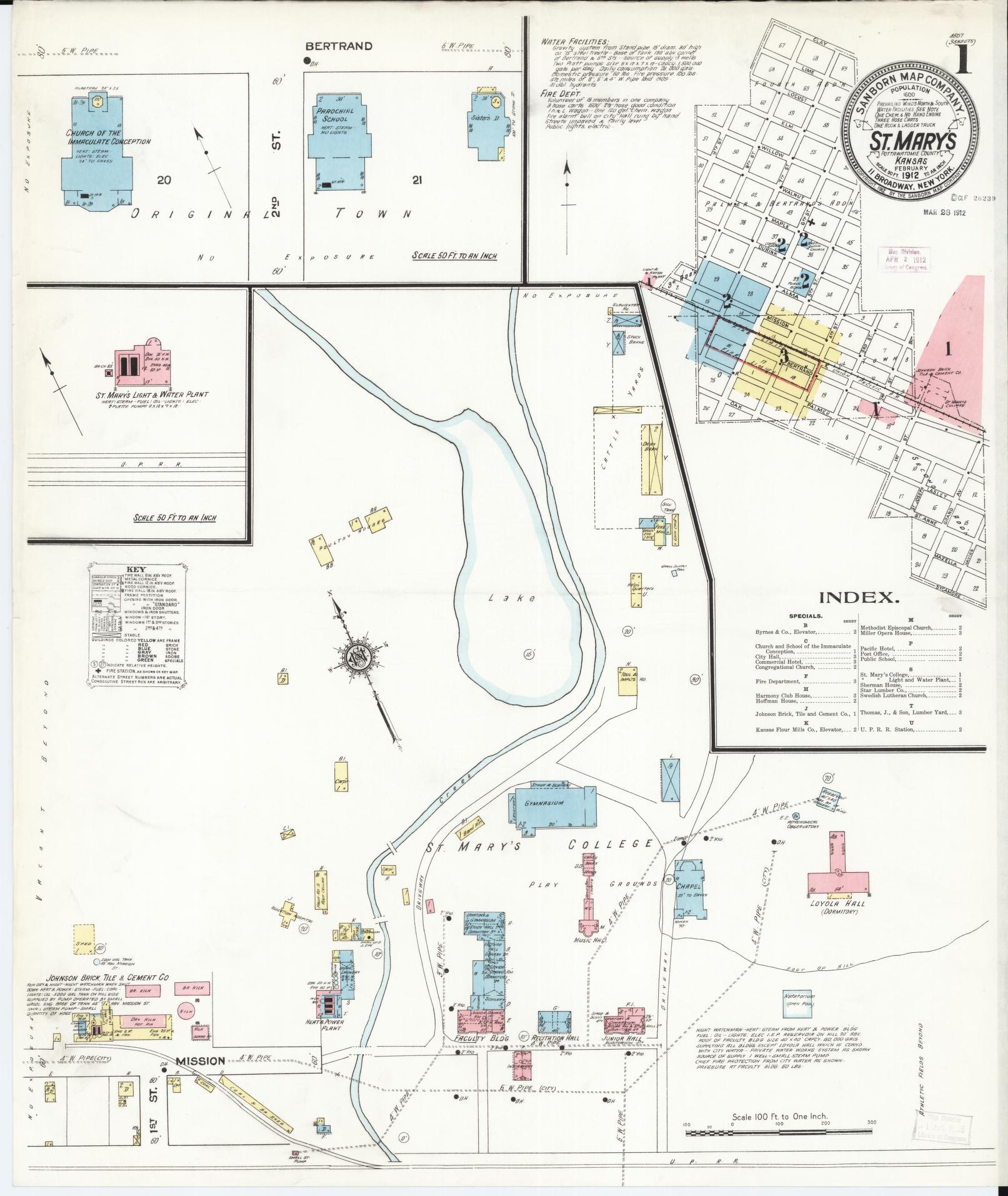 Sanborn Fire Insurance Map from Saint Marys, Pottawatomie County, Kansas (1912), Sheet #0001 - Complete Map Set gallery image, historic Sanborn map, vintage wall art, Kansas Kansas