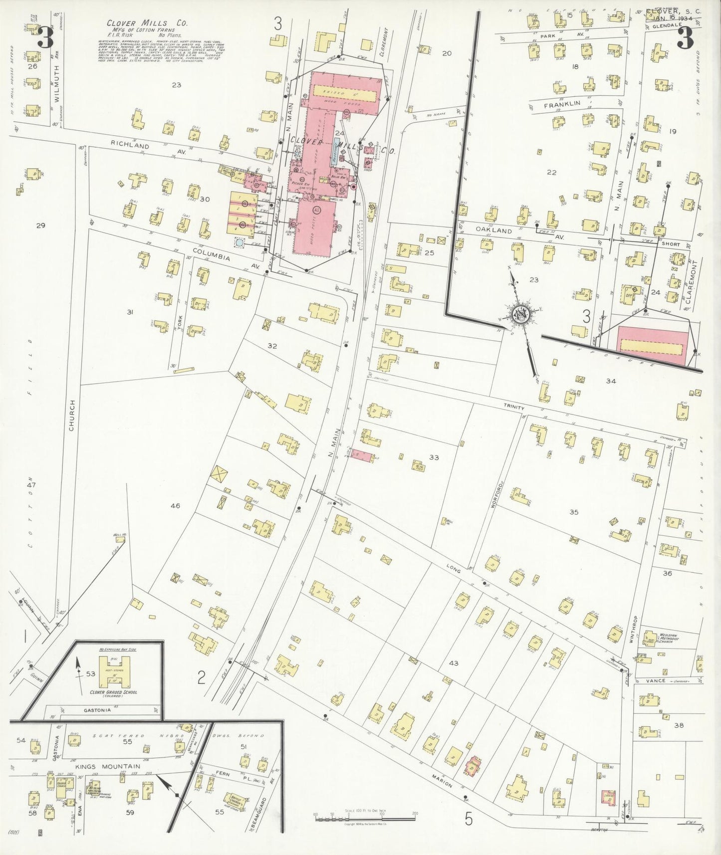 Sanborn Fire Insurance Map from Clover, York County, South Carolina (1934), Sheet #0003 - Complete Map Set gallery image, historic Sanborn map, vintage wall art, South Carolina South Carolina
