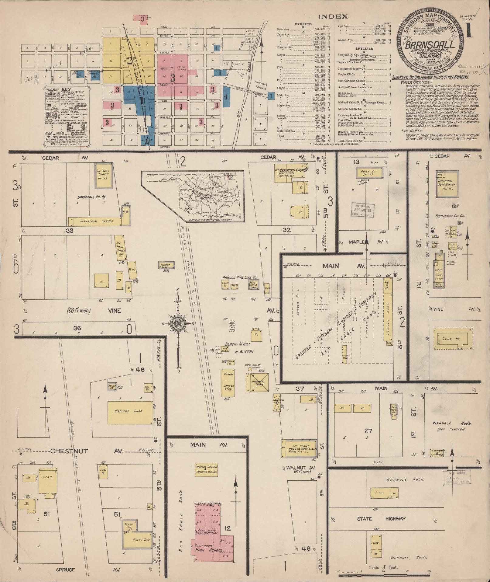 Sanborn Fire Insurance Map from Barnsdall, Osage County, Oklahoma (1922), Sheet #0001 - Historic Sanborn Fire Insurance Map Print, vintage old map wall art, antique decor, genealogy gift, Oklahoma Oklahoma map