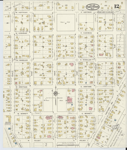Sanborn Fire Insurance Map from Three Rivers, Saint Joseph County, Michigan (1916), Sheet #0012 - Complete Map Set gallery image, historic Sanborn map, vintage wall art, Michigan Michigan