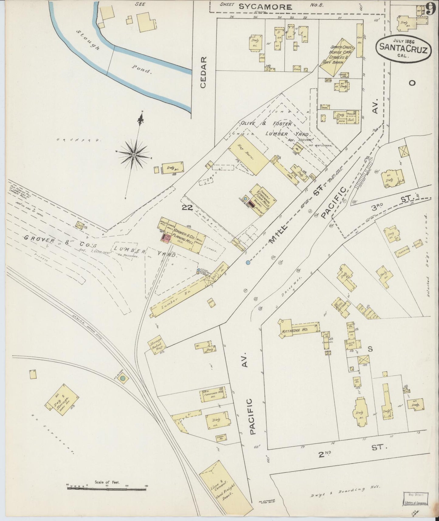 Sanborn Fire Insurance Map from Santa Cruz, Santa Cruz County, California (1886), Sheet #0009 - Complete Map Set gallery image, historic Sanborn map, vintage wall art, California California