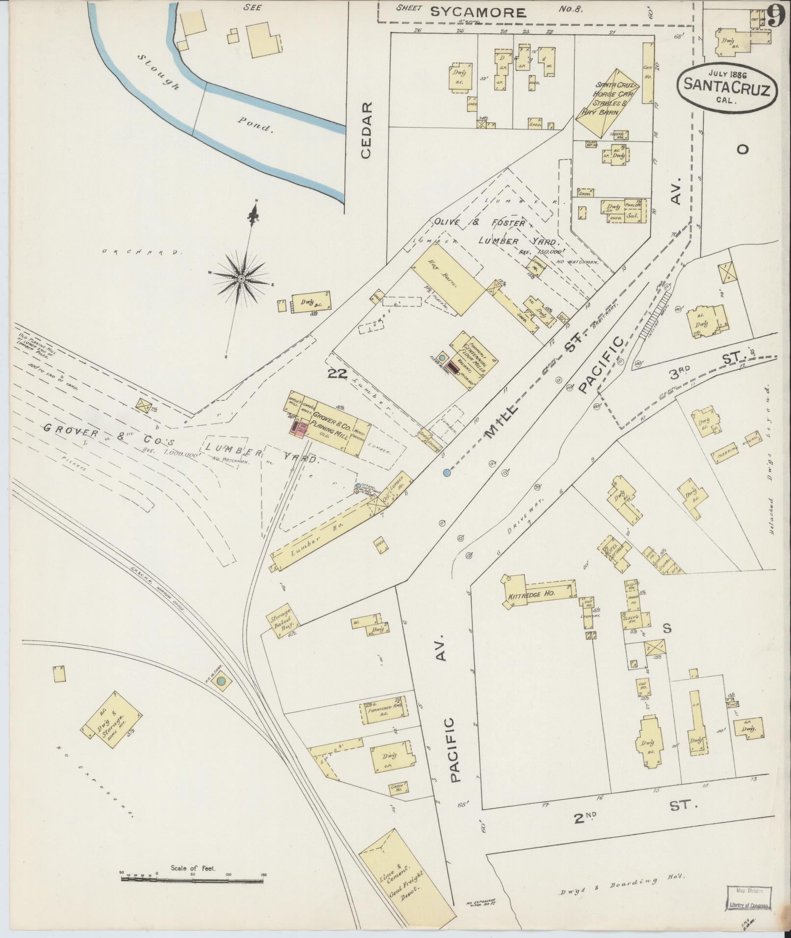 Sanborn Fire Insurance Map from Santa Cruz, Santa Cruz County, California (1886), Sheet #0009 - Complete Map Set gallery image, historic Sanborn map, vintage wall art, California California