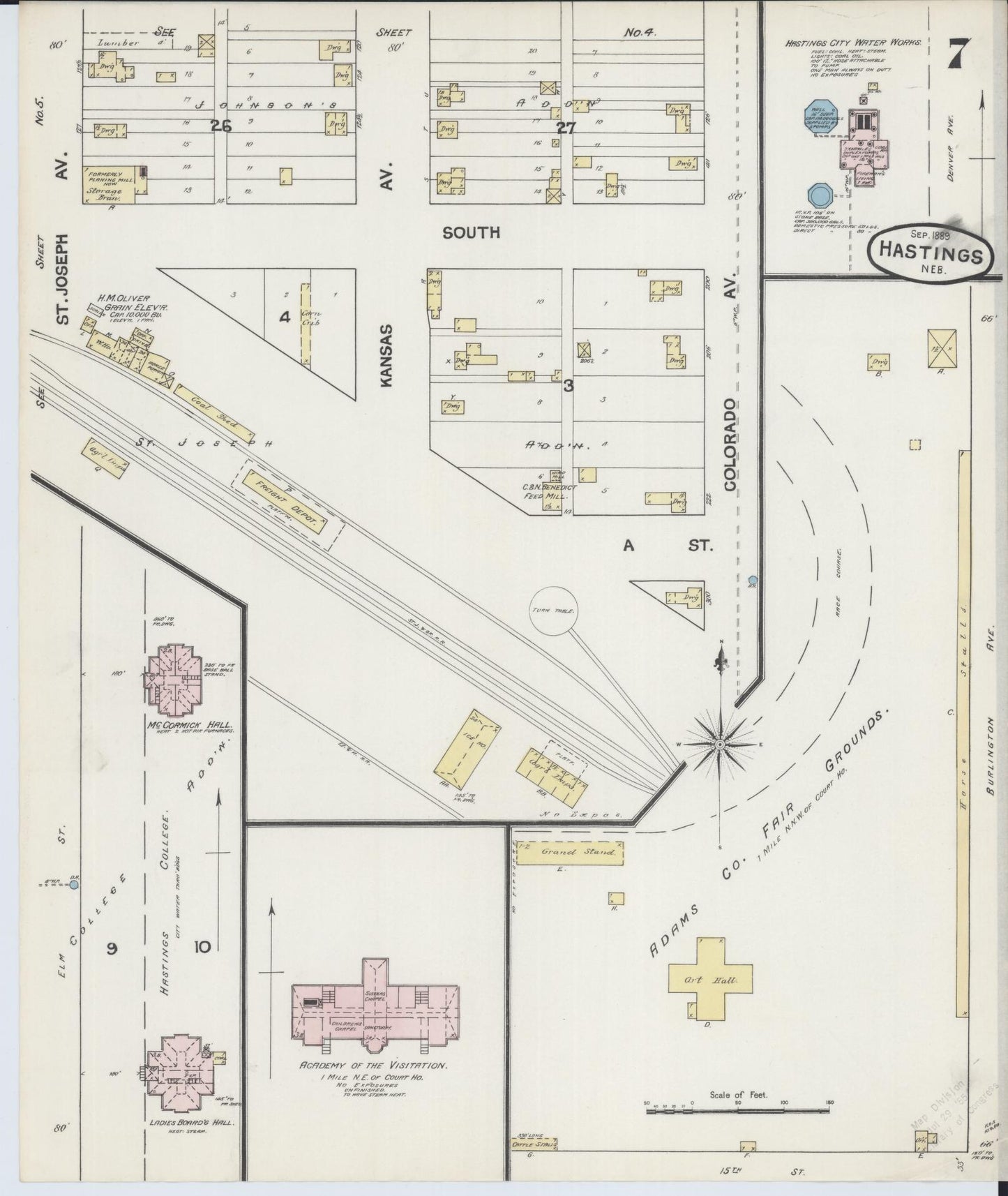 Sanborn Fire Insurance Map from Hastings, Adams County, Nebraska (1889), Sheet #0007 - Historic Sanborn Fire Insurance Map Print, vintage old map wall art, antique decor, genealogy gift, Nebraska Nebraska map