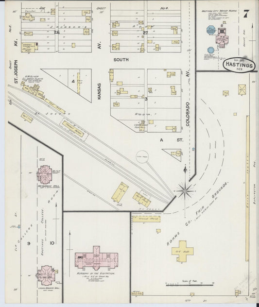 Sanborn Fire Insurance Map from Hastings, Adams County, Nebraska (1889), Sheet #0007 - Historic Sanborn Fire Insurance Map Print, vintage old map wall art, antique decor, genealogy gift, Nebraska Nebraska map