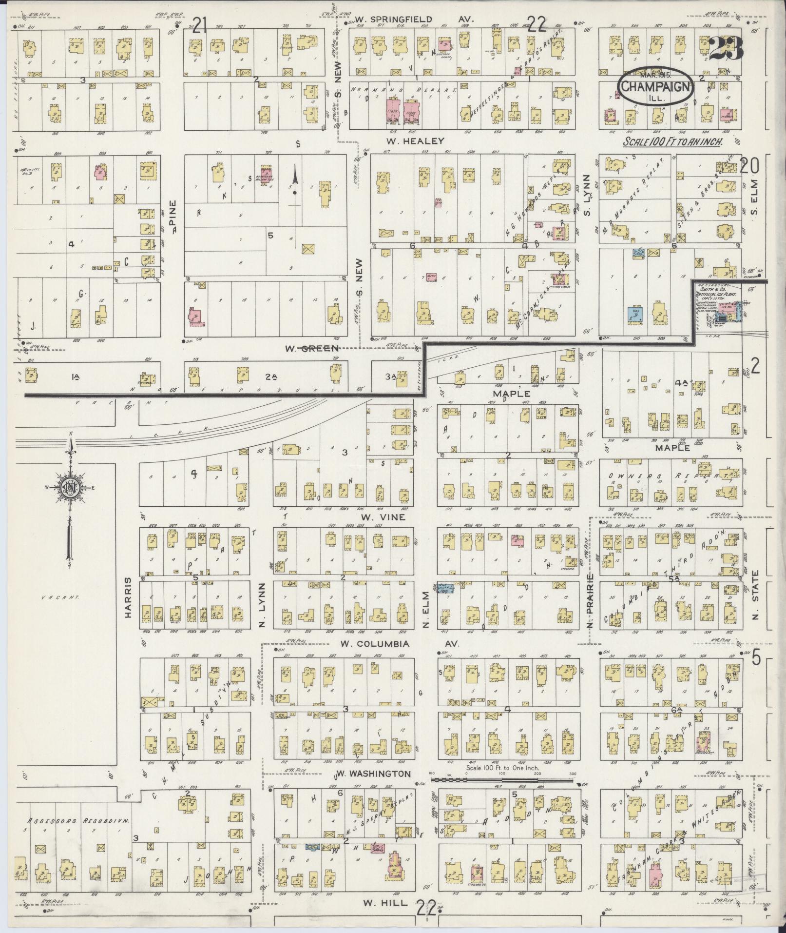Sanborn Fire Insurance Map from Champaign, Champaign County, Illinois (1915), Sheet #0023 - Historic Sanborn Fire Insurance Map Print, vintage old map wall art, antique decor, genealogy gift, Illinois Illinois map