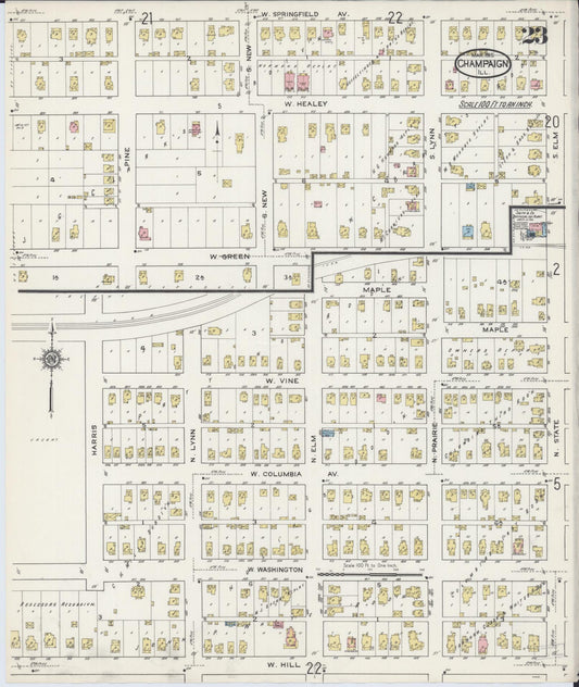 Sanborn Fire Insurance Map from Champaign, Champaign County, Illinois (1915), Sheet #0023 - Historic Sanborn Fire Insurance Map Print, vintage old map wall art, antique decor, genealogy gift, Illinois Illinois map