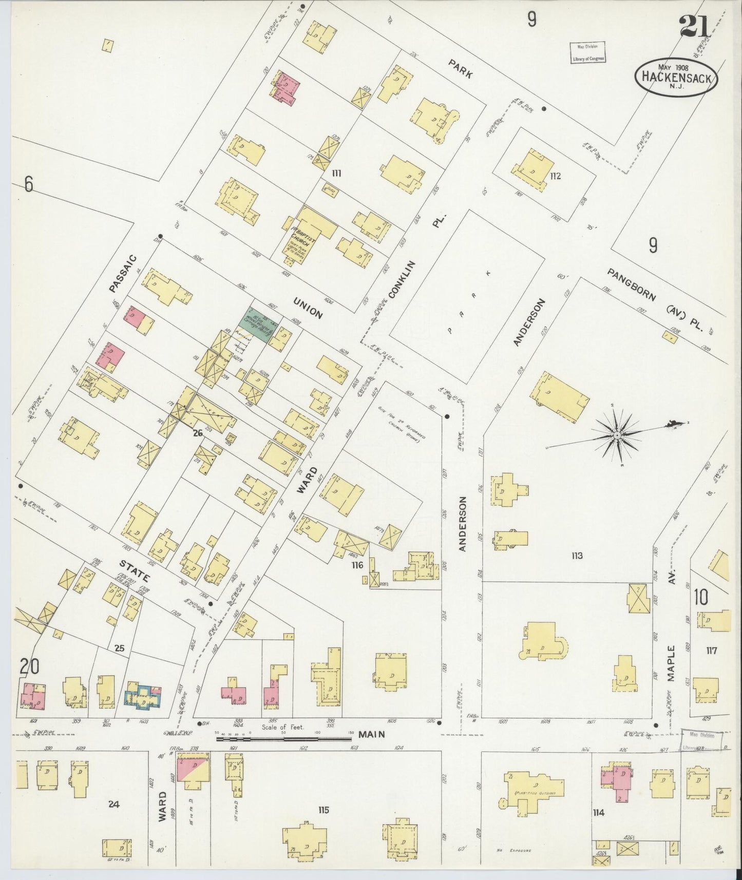 Sanborn Fire Insurance Map from Hackensack, Bergen County, New Jersey (1908), Sheet #0021 - Complete Map Set gallery image, historic Sanborn map, vintage wall art, New Jersey New Jersey