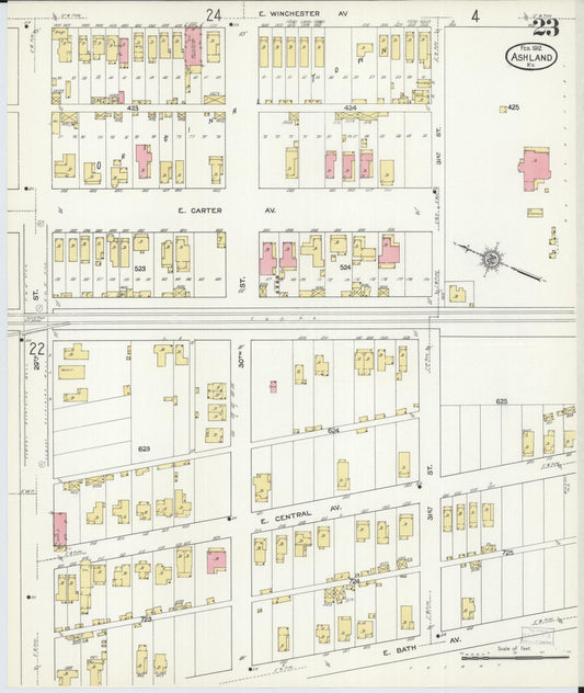 Sanborn Fire Insurance Map from Ashland, Boyd County, Kentucky (1912), Sheet #0023 - Historic Sanborn Fire Insurance Map Print, vintage old map wall art, antique decor, genealogy gift, Kentucky Kentucky map
