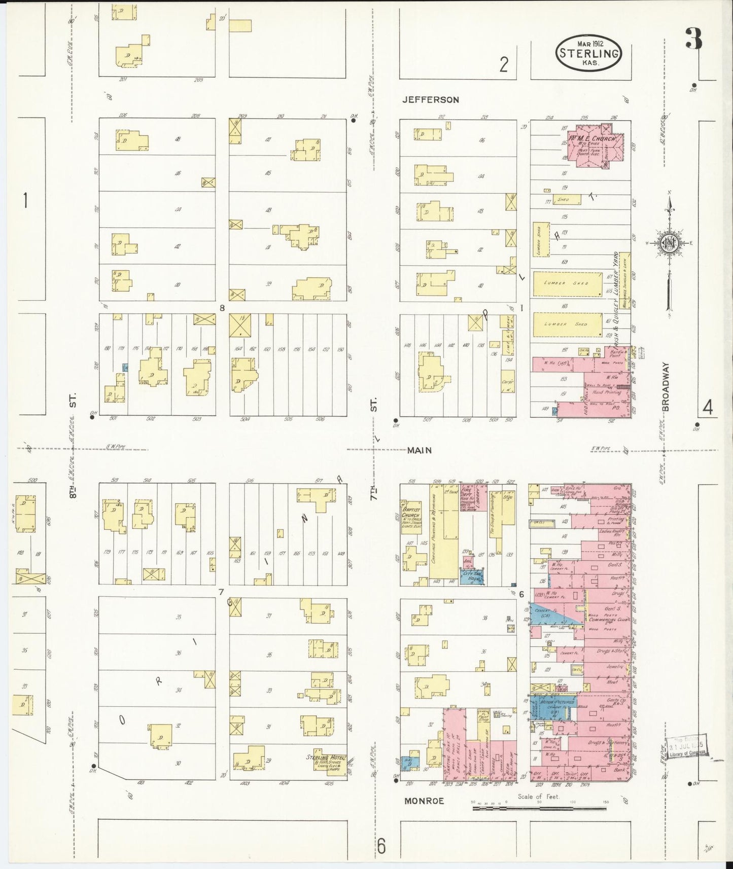 Sanborn Fire Insurance Map from Sterling, Rice County, Kansas (1912), Sheet #0003 - Complete Map Set gallery image, historic Sanborn map, vintage wall art, Kansas Kansas