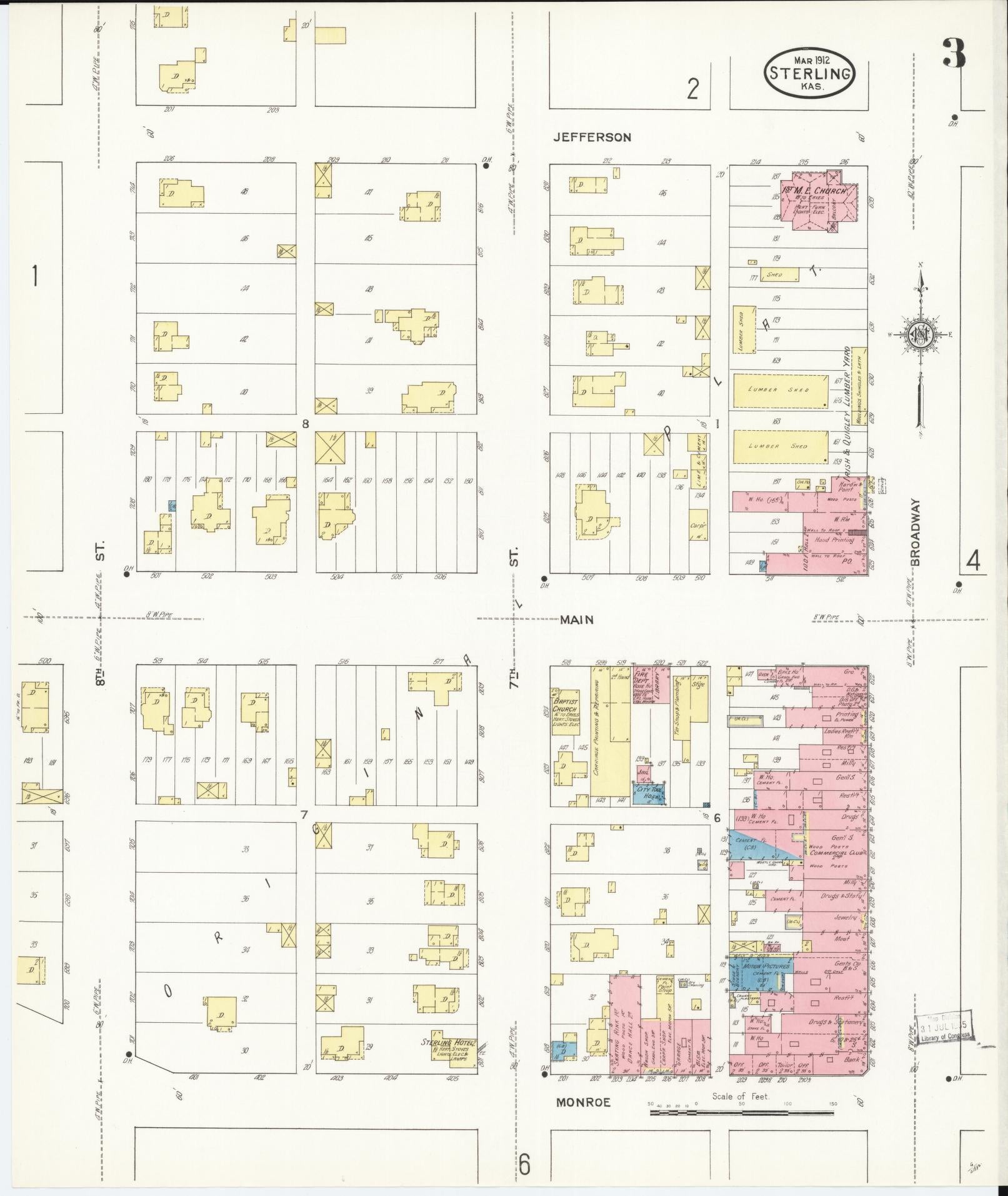 Sanborn Fire Insurance Map from Sterling, Rice County, Kansas (1912), Sheet #0003 - Complete Map Set gallery image, historic Sanborn map, vintage wall art, Kansas Kansas