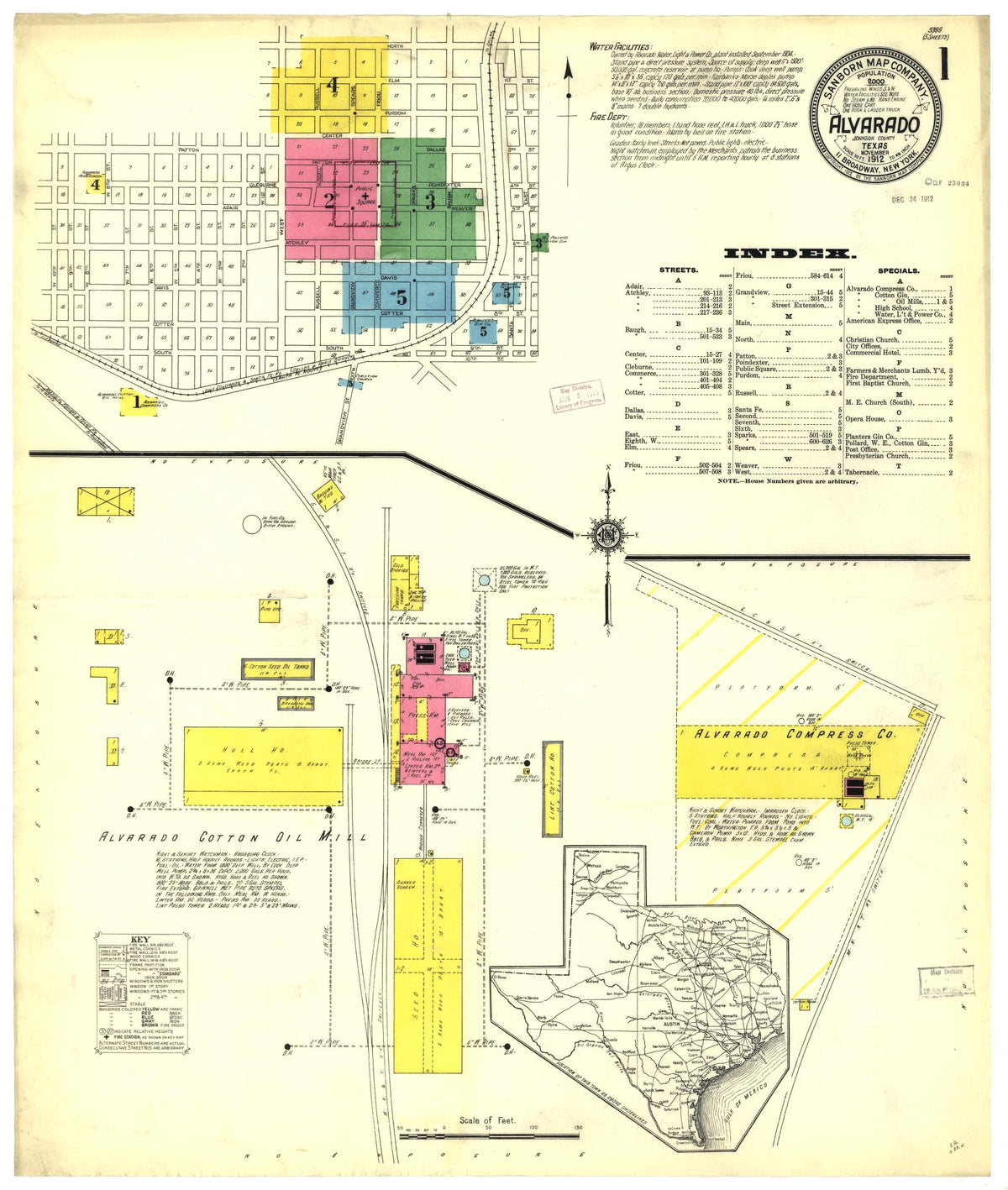 Sanborn Fire Insurance Map from Alvarado, Johnson County, Texas (1912), Sheet #0001 - Historic Sanborn Fire Insurance Map Print, vintage old map wall art, antique decor, genealogy gift, Texas Texas map
