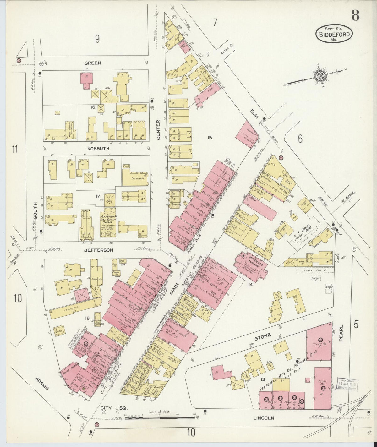 Sanborn Fire Insurance Map from Biddeford, York County, Maine (1912), Sheet #0008 - Complete Map Set gallery image, historic Sanborn map, vintage wall art, Maine Maine