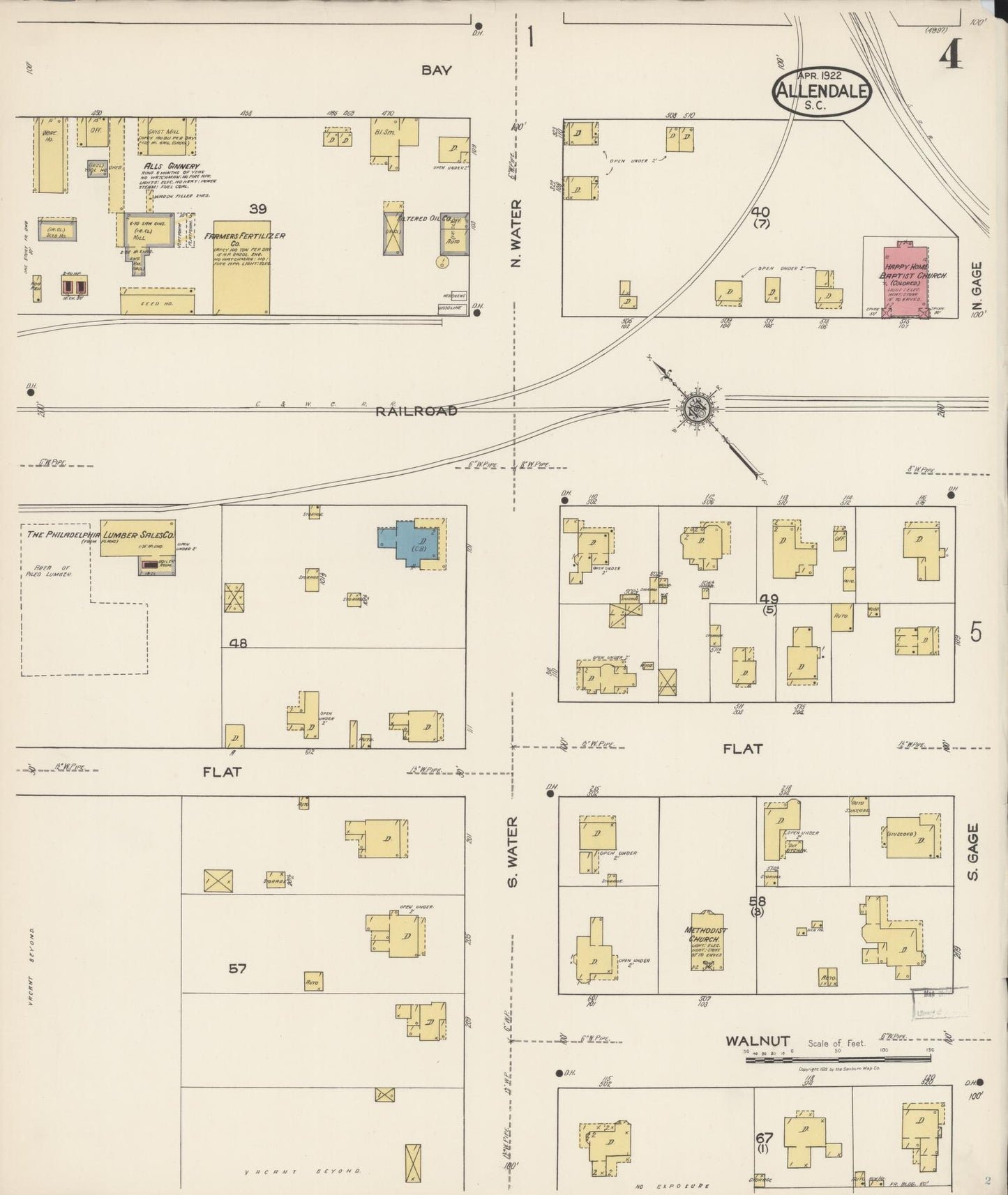 Sanborn Fire Insurance Map from Allendale, Allendale County, South Carolina (1922), Sheet #0004 - Complete Map Set gallery image, historic Sanborn map, vintage wall art, South Carolina South Carolina
