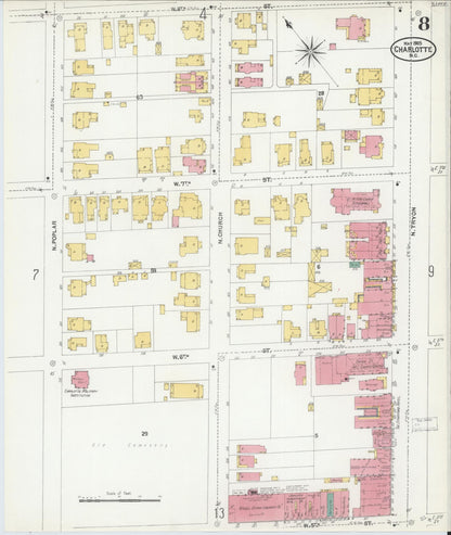 Sanborn Fire Insurance Map from Charlotte, Mecklenburg County, North Carolina (1905), Sheet #0008 - Historic Sanborn Fire Insurance Map Print, vintage old map wall art, antique decor, genealogy gift, North Carolina North Carolina map