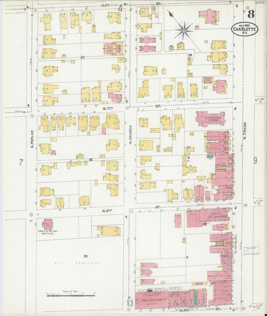 Sanborn Fire Insurance Map from Charlotte, Mecklenburg County, North Carolina (1905), Sheet #0008 - Historic Sanborn Fire Insurance Map Print, vintage old map wall art, antique decor, genealogy gift, North Carolina North Carolina map
