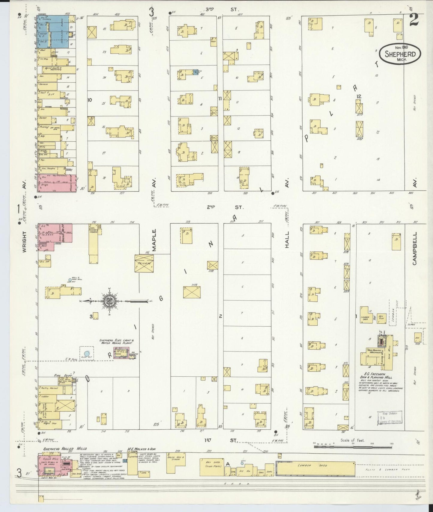 Sanborn Fire Insurance Map from Shepherd, Isabella County, Michigan (1910), Sheet #0002 - Historic Sanborn Fire Insurance Map Print, vintage old map wall art, antique decor, genealogy gift, Michigan Michigan map