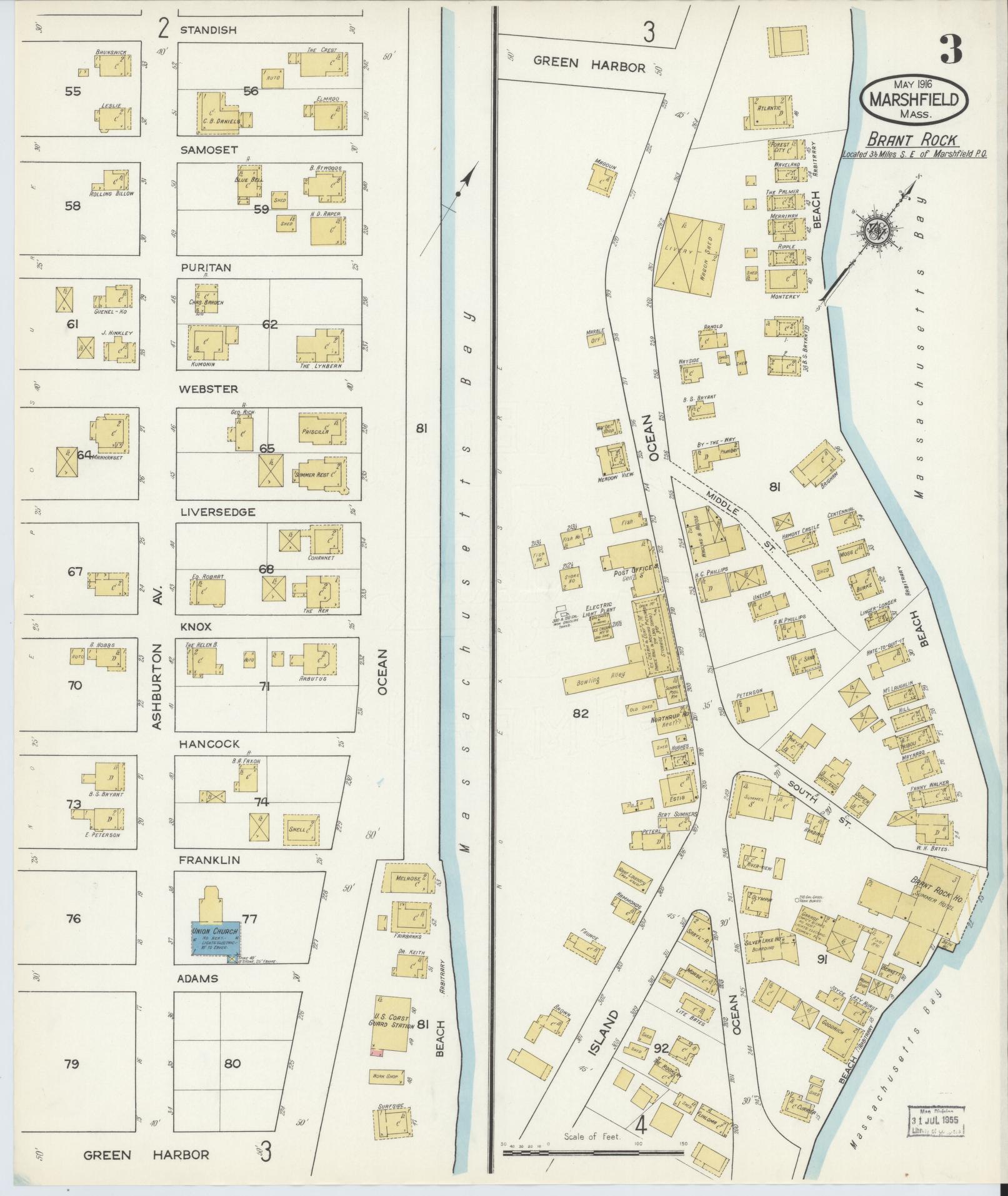 Sanborn Fire Insurance Map from Marshfield, Plymouth County, Massachusetts (1916), Sheet #0003 - Complete Map Set gallery image, historic Sanborn map, vintage wall art, Massachusetts Massachusetts