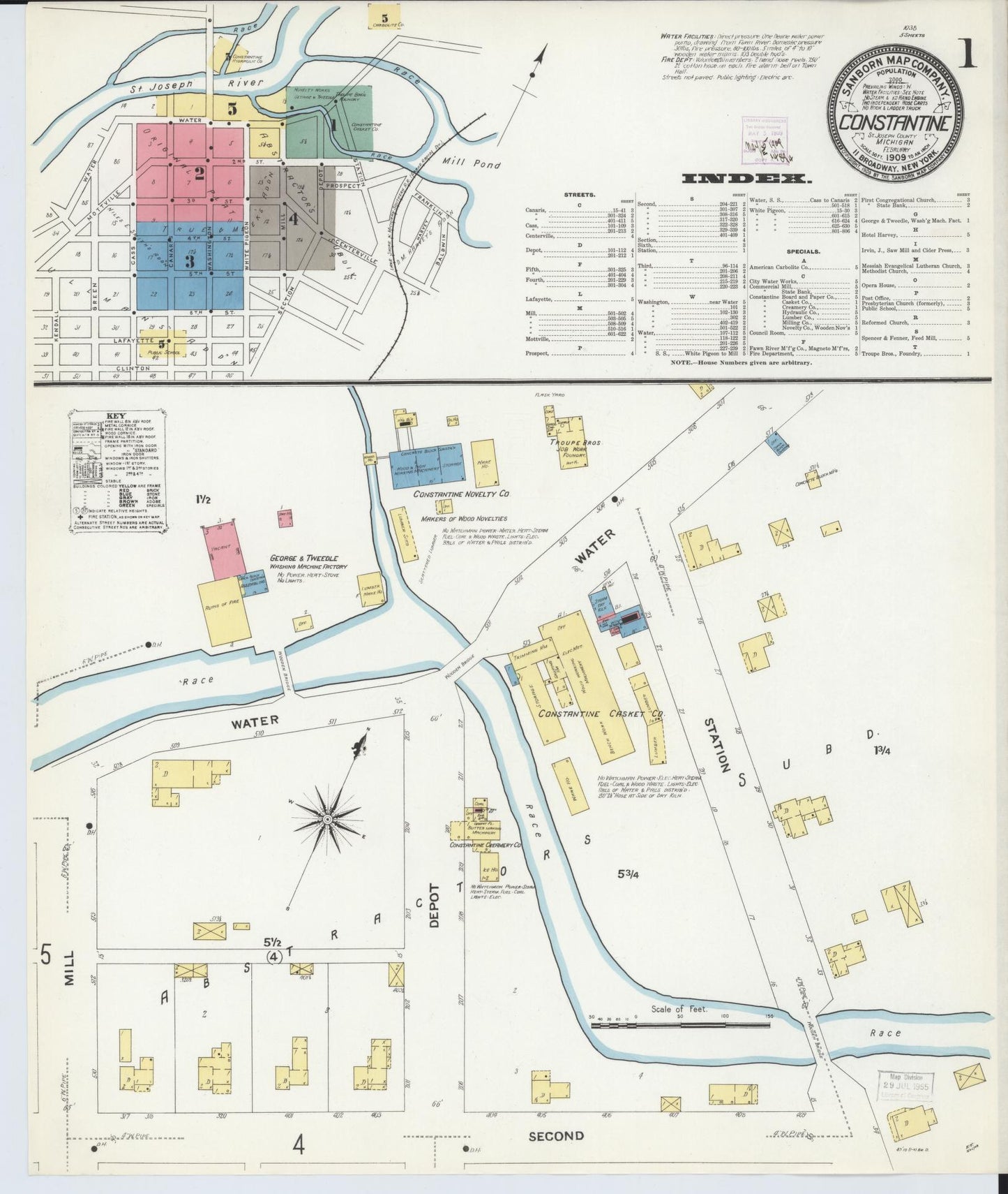 Sanborn Fire Insurance Map from Constantine, Saint Joseph County, Michigan (1909), Sheet #0001 - Historic Sanborn Fire Insurance Map Print, vintage old map wall art, antique decor, genealogy gift, Michigan Michigan map