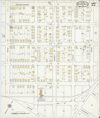 Sanborn Fire Insurance Map from Wichita Falls, Wichita County, Texas (1915), Sheet #0027 - Historic Sanborn Fire Insurance Map Print, vintage old map wall art, antique decor, genealogy gift, Texas Texas map